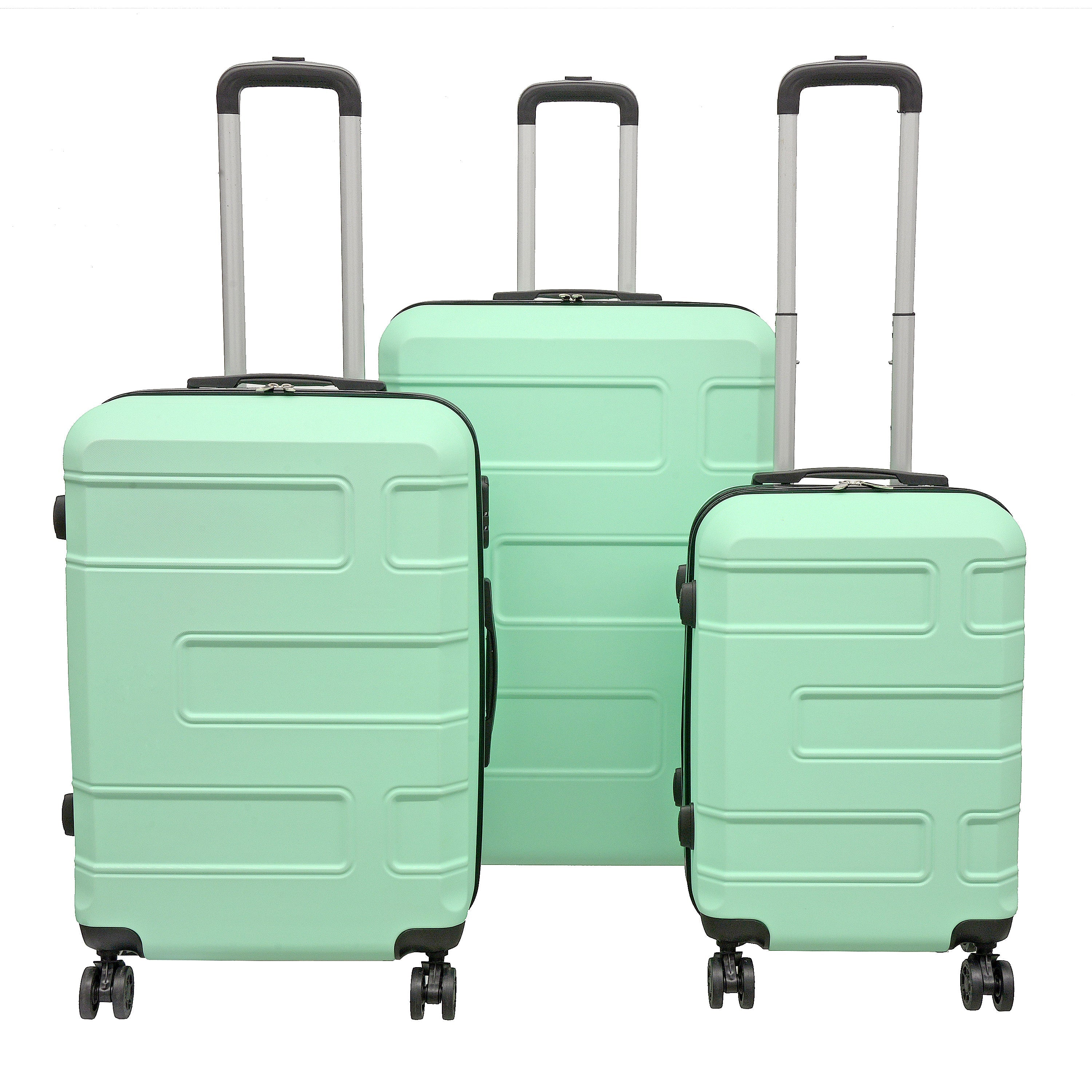 3 piece luggage set in various colors including purple, pink, charcoal, and blue, showcasing spinner wheels and telescopic handle.