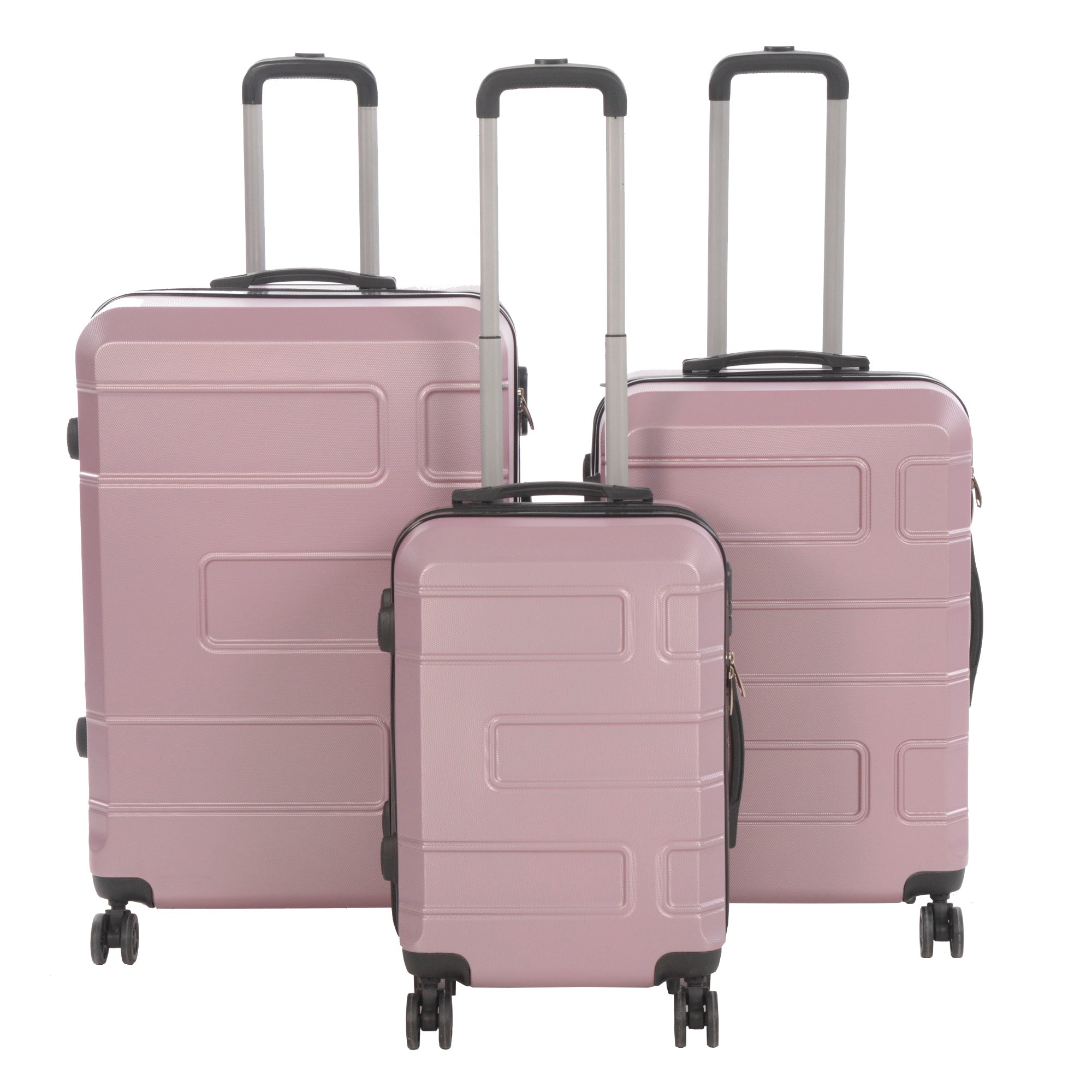 3 piece luggage set in various colors including purple, pink, charcoal, and blue, showcasing spinner wheels and telescopic handle.