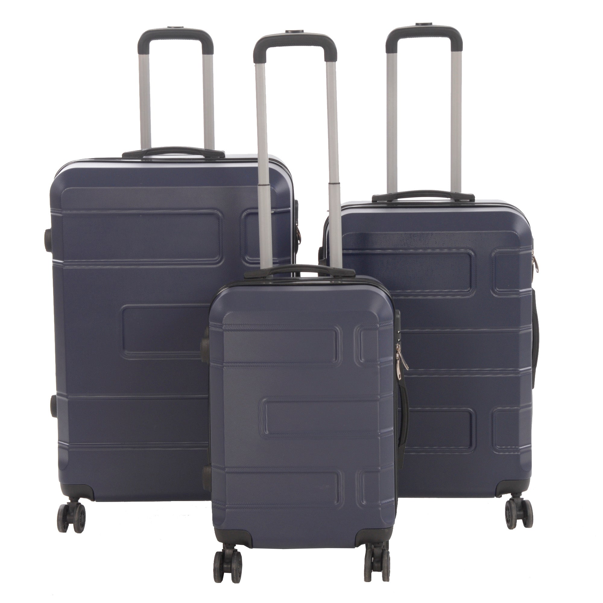 3 piece luggage set in various colors including purple, pink, charcoal, and blue, showcasing spinner wheels and telescopic handle.