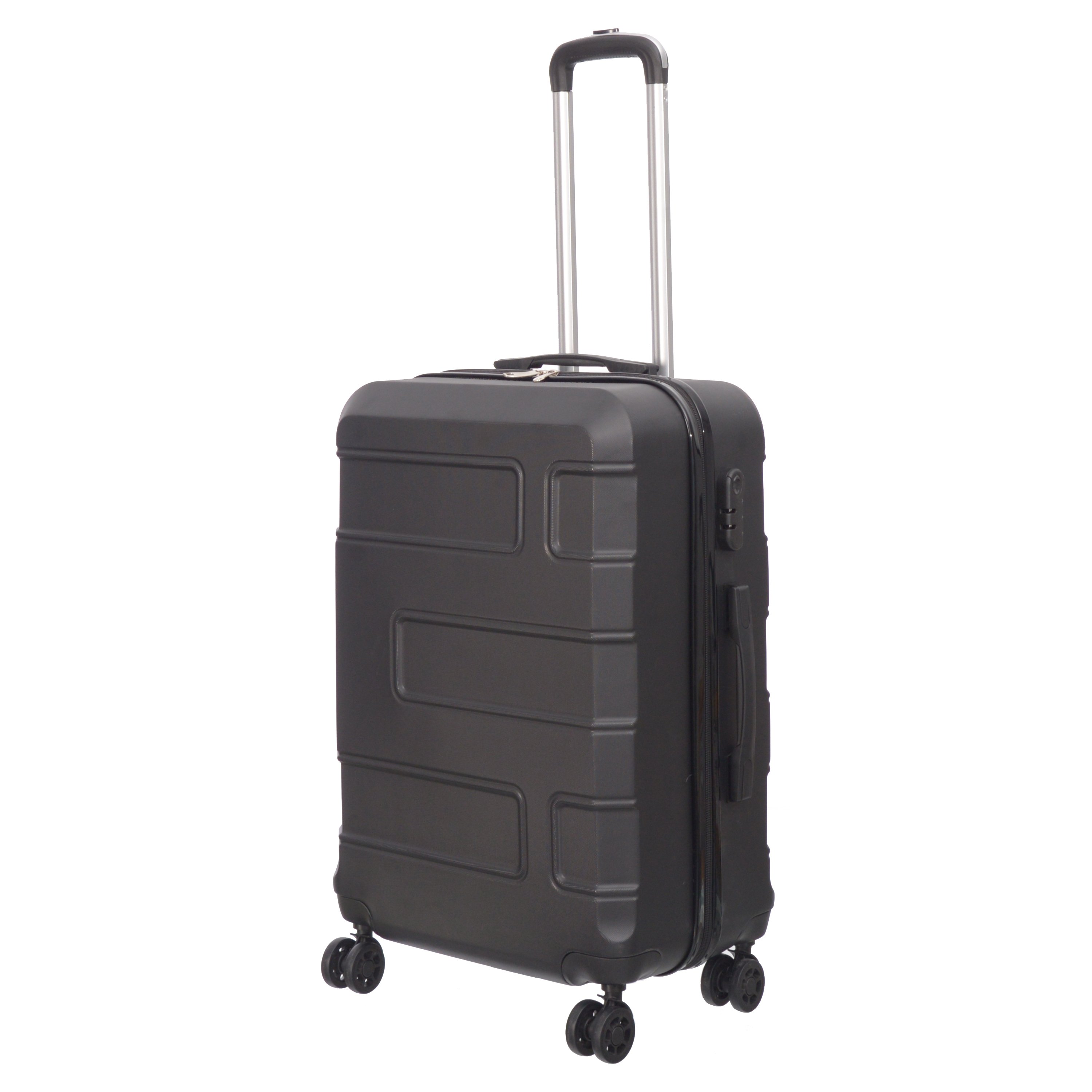 3 piece luggage set in various colors including purple, pink, charcoal, and blue, showcasing spinner wheels and telescopic handle.