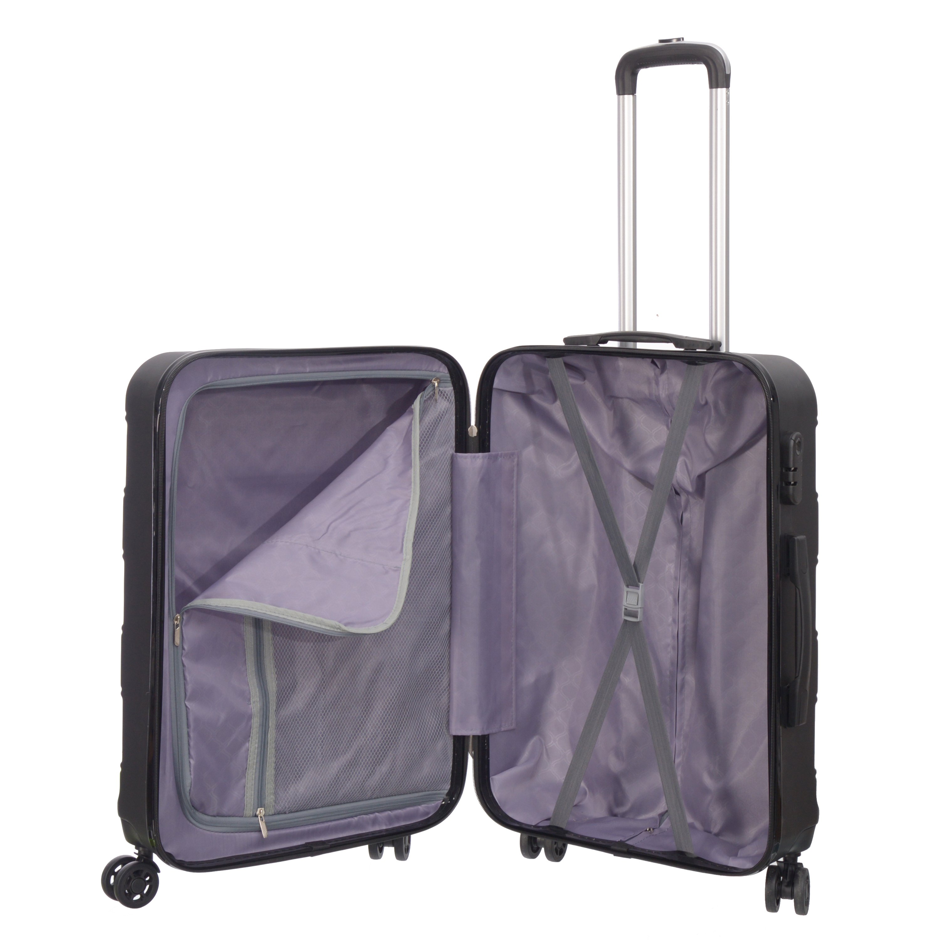 3 piece luggage set in various colors including purple, pink, charcoal, and blue, showcasing spinner wheels and telescopic handle.