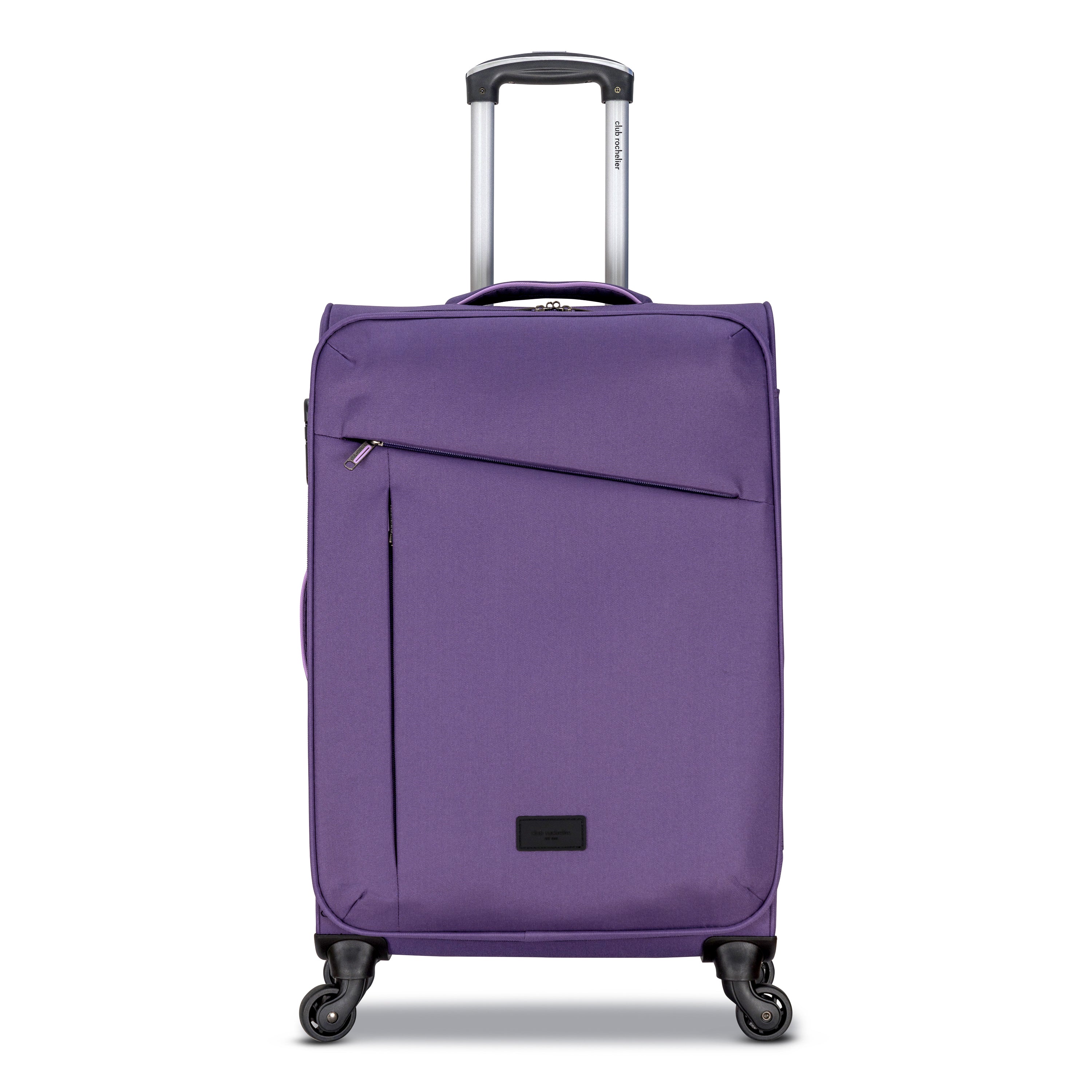 3 Piece Set Soft Side Luggage featuring contrast handles in three stylish colors, showcasing spinner wheels and organizational pockets.