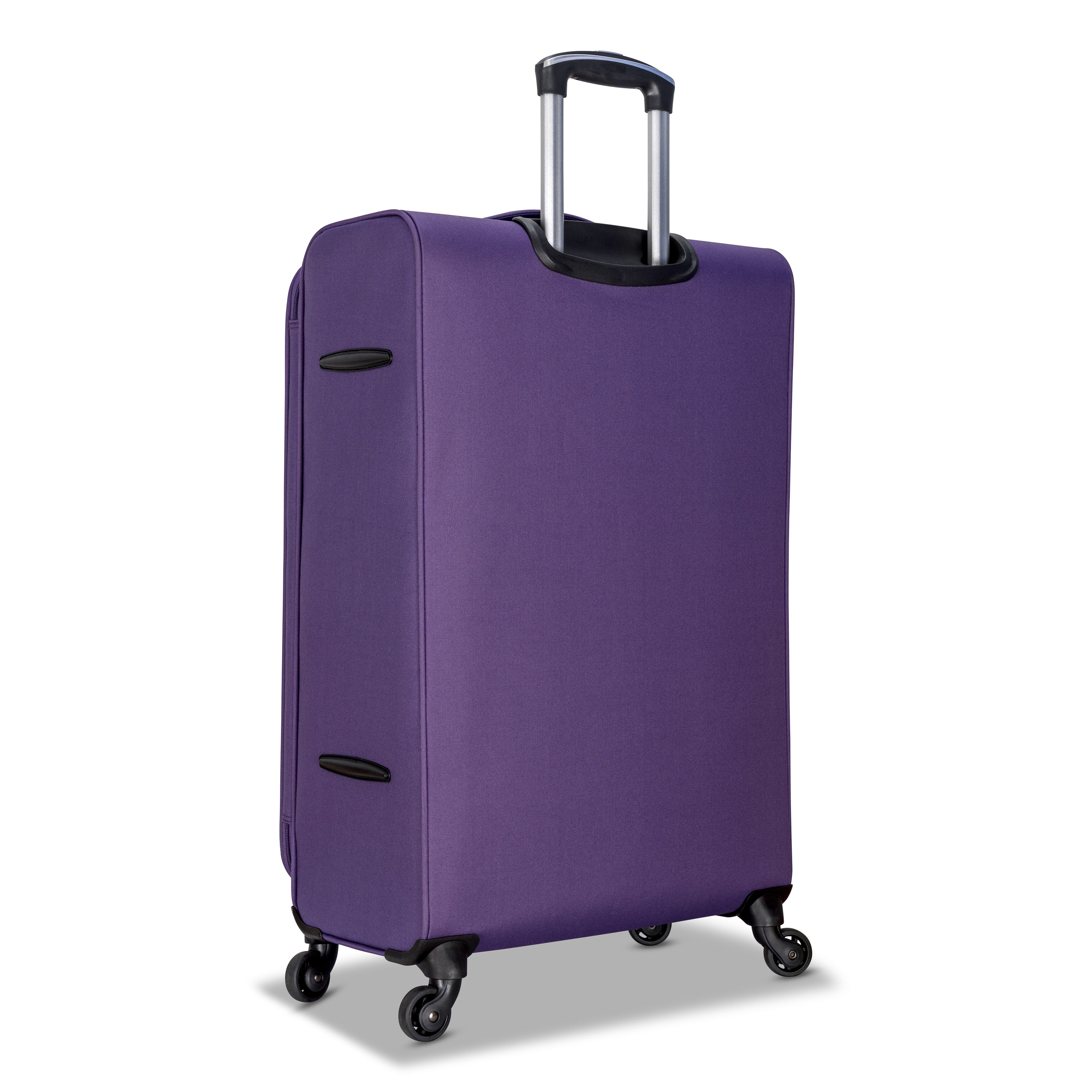 3 Piece Set Soft Side Luggage featuring contrast handles in three stylish colors, showcasing spinner wheels and organizational pockets.