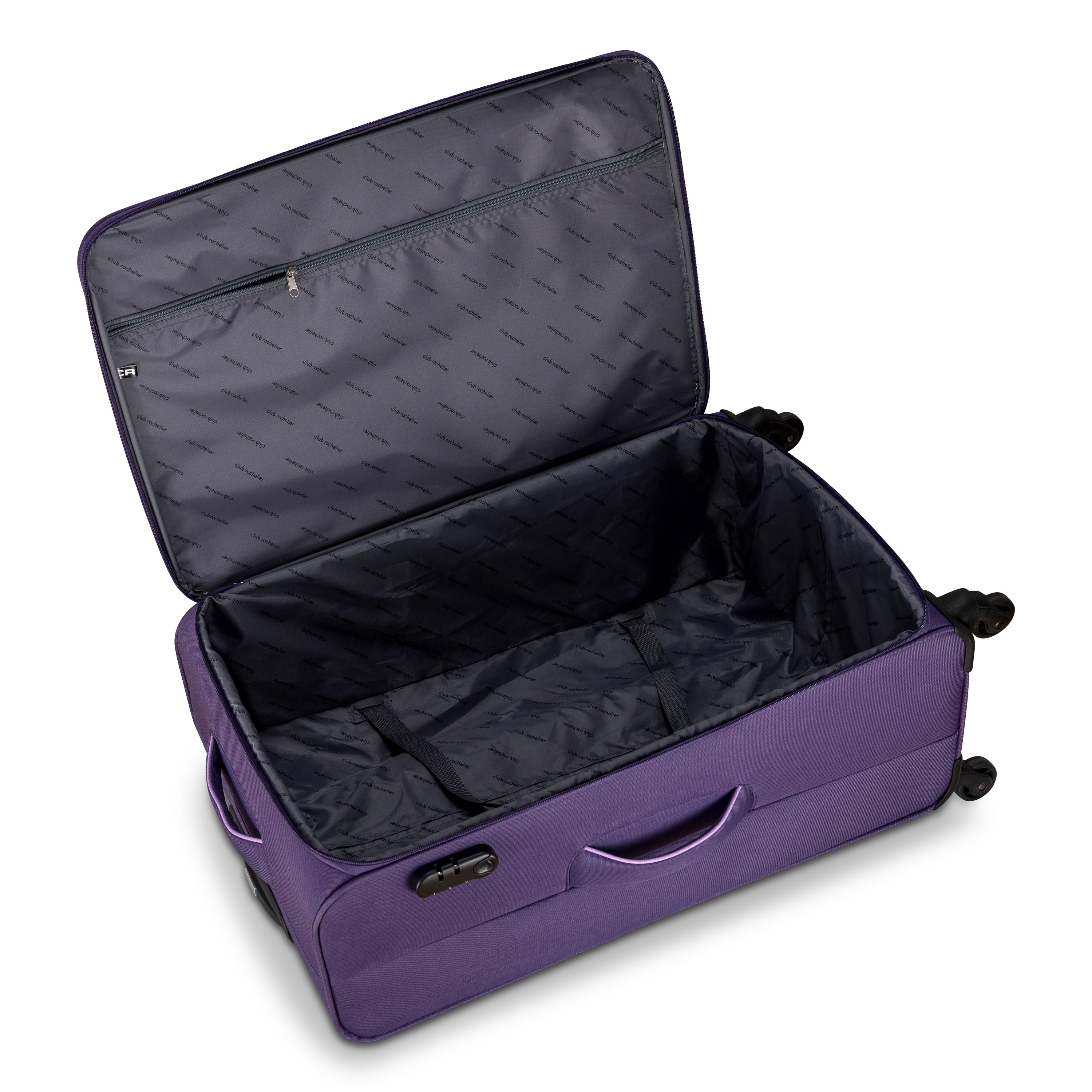 3 Piece Set Soft Side Luggage featuring contrast handles in three stylish colors, showcasing spinner wheels and organizational pockets.