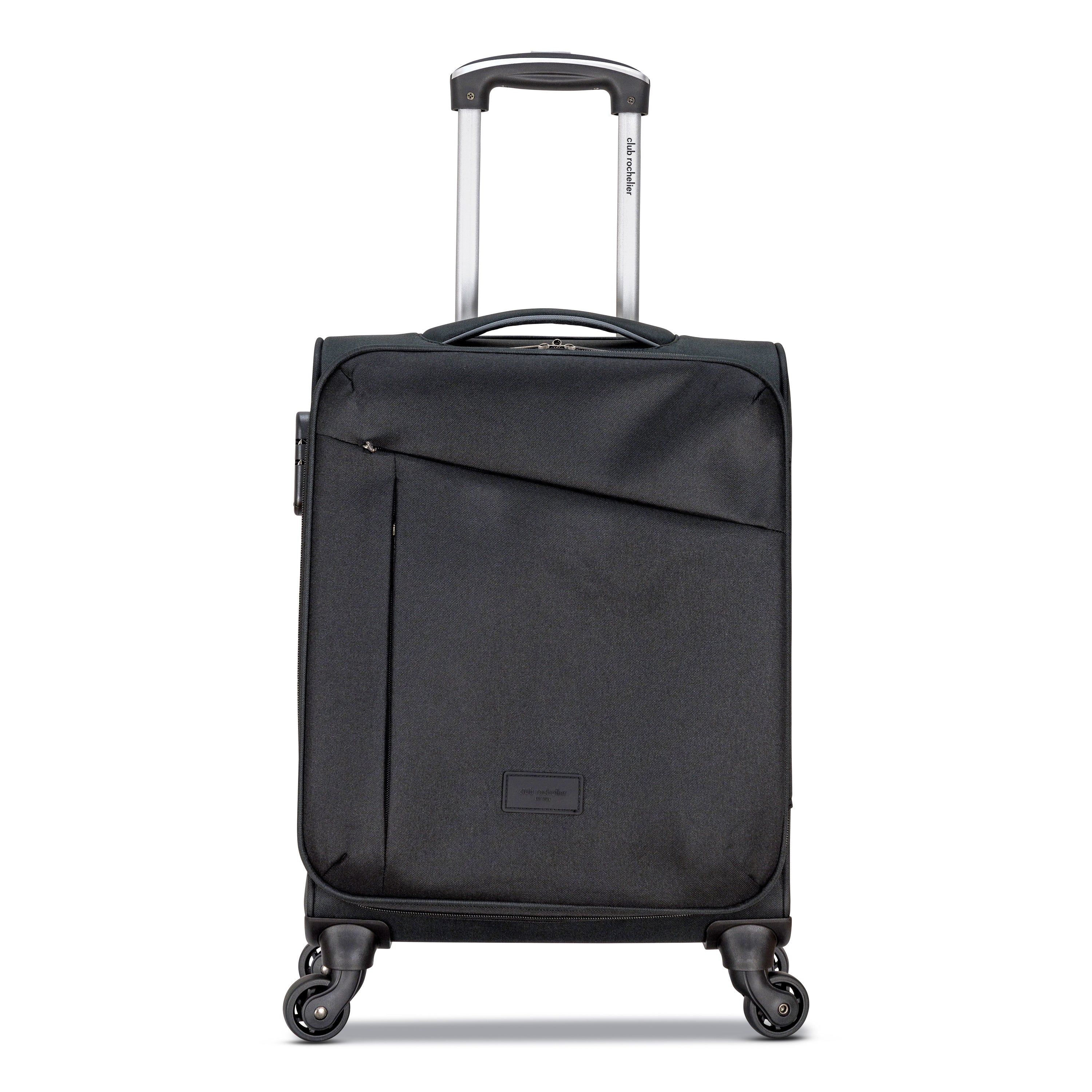 3 Piece Set Soft Side Luggage featuring contrast handles in three stylish colors, showcasing spinner wheels and organizational pockets.