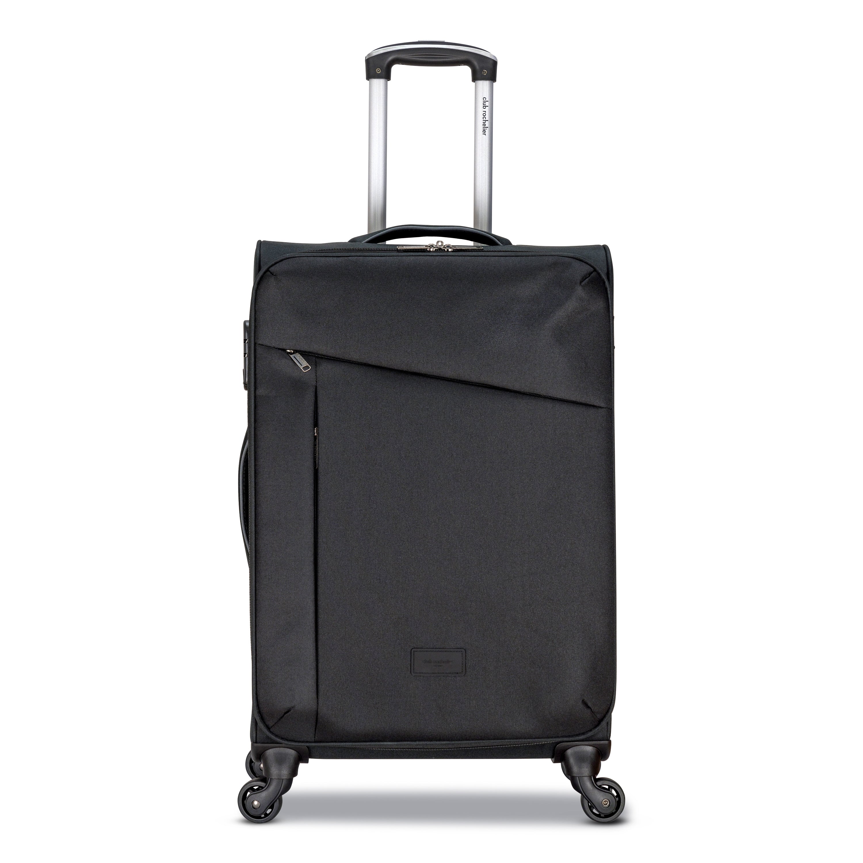 3 Piece Set Soft Side Luggage featuring contrast handles in three stylish colors, showcasing spinner wheels and organizational pockets.