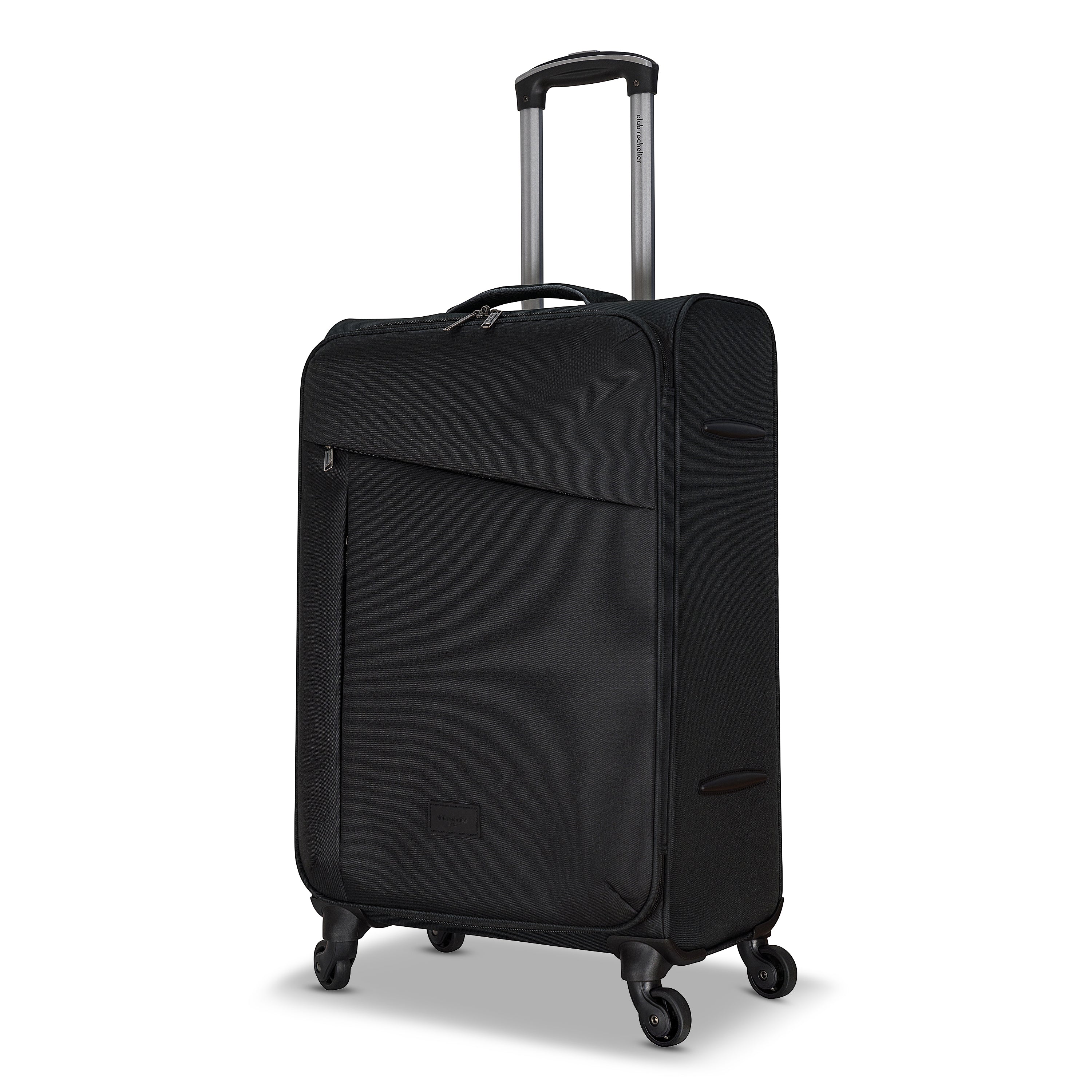 3 Piece Set Soft Side Luggage featuring contrast handles in three stylish colors, showcasing spinner wheels and organizational pockets.