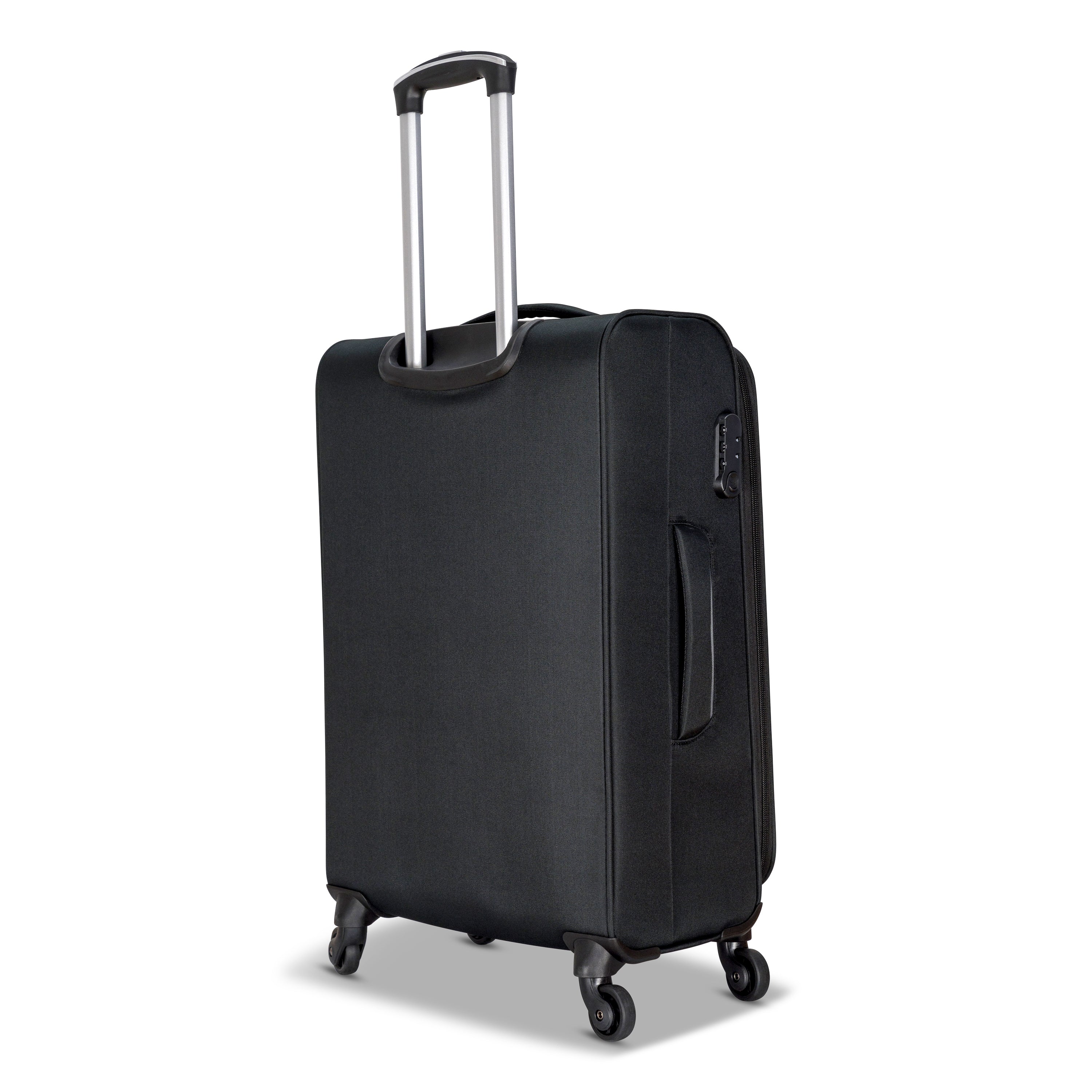 3 Piece Set Soft Side Luggage featuring contrast handles in three stylish colors, showcasing spinner wheels and organizational pockets.