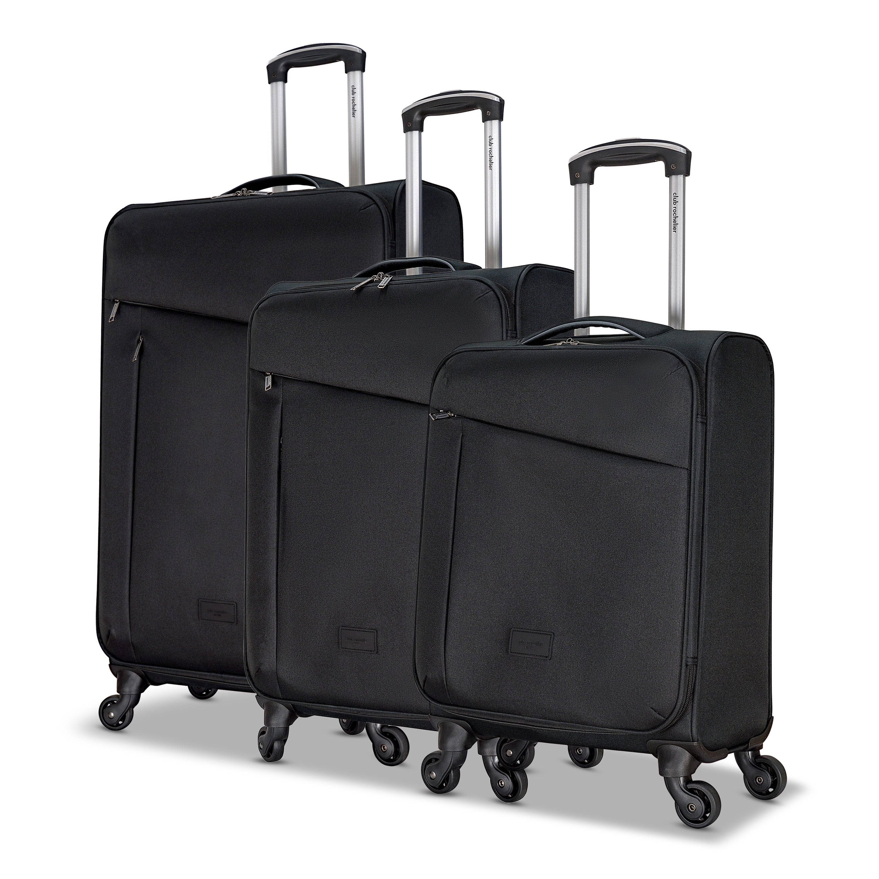 3 Piece Set Soft Side Luggage featuring contrast handles in three stylish colors, showcasing spinner wheels and organizational pockets.