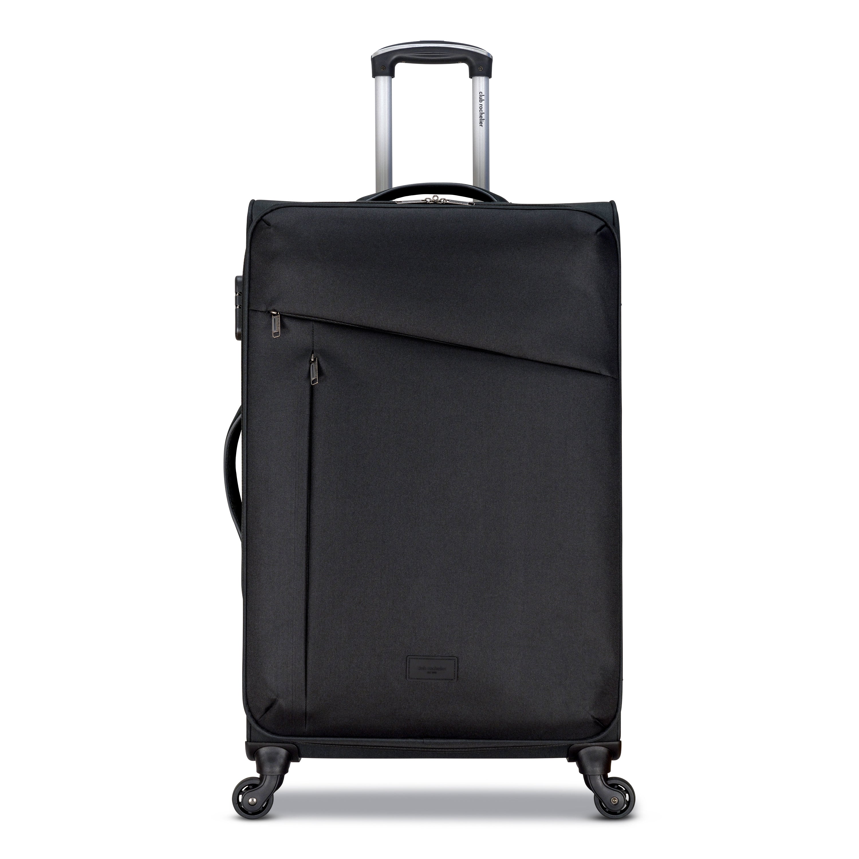 3 Piece Set Soft Side Luggage featuring contrast handles in three stylish colors, showcasing spinner wheels and organizational pockets.