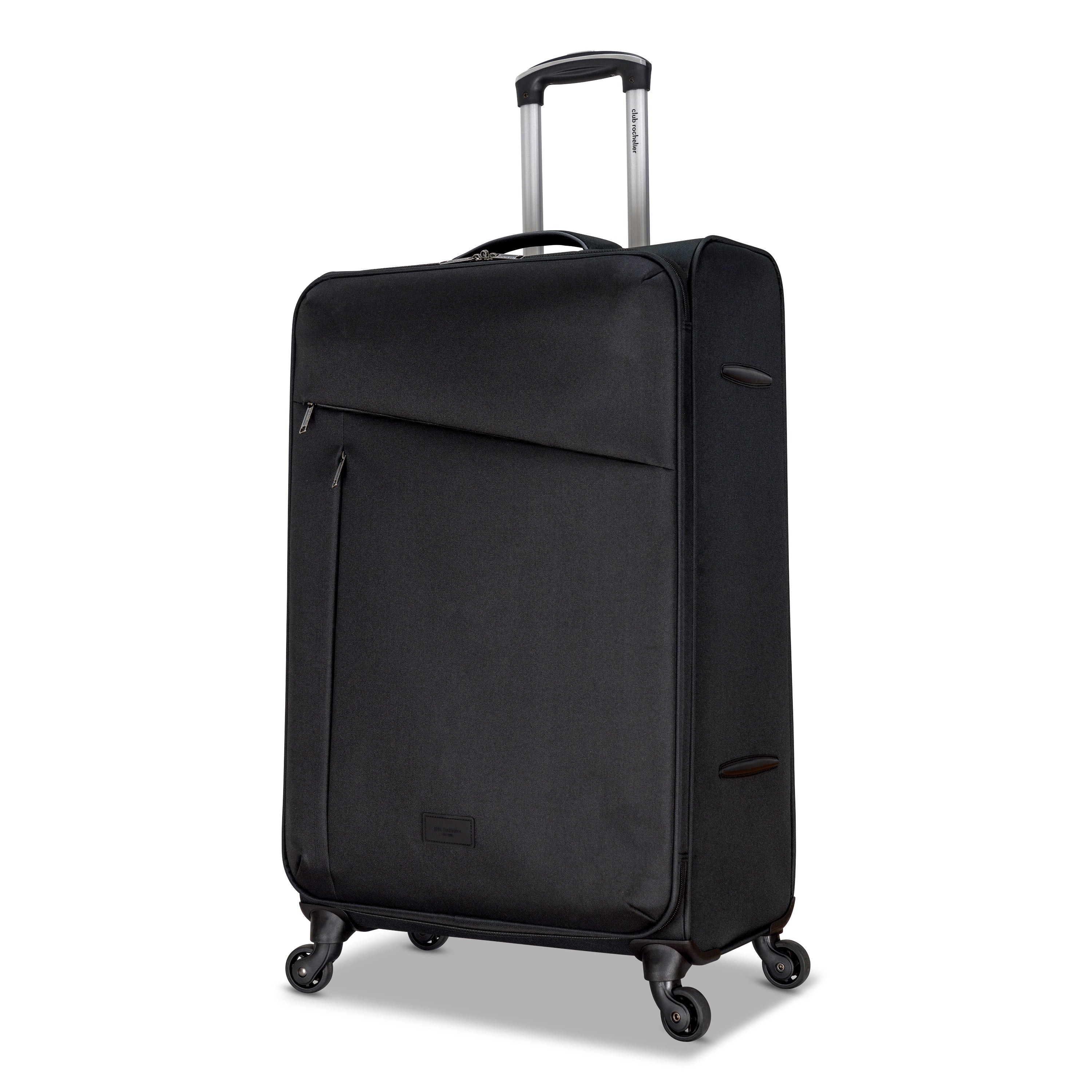 3 Piece Set Soft Side Luggage featuring contrast handles in three stylish colors, showcasing spinner wheels and organizational pockets.