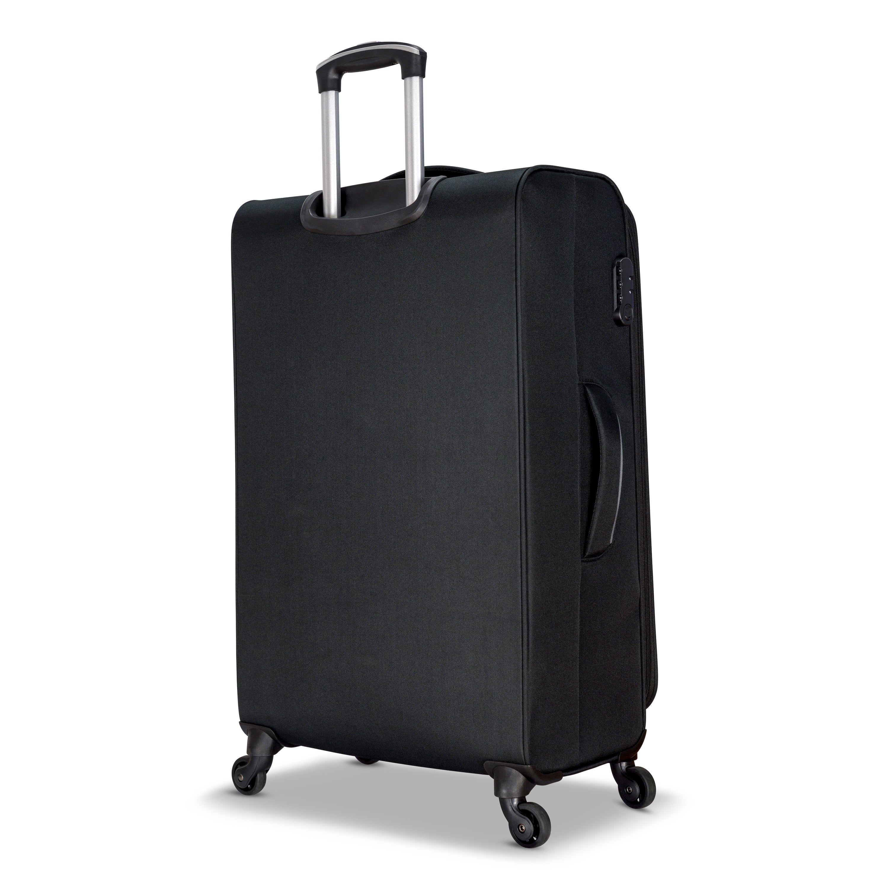 3 Piece Set Soft Side Luggage featuring contrast handles in three stylish colors, showcasing spinner wheels and organizational pockets.