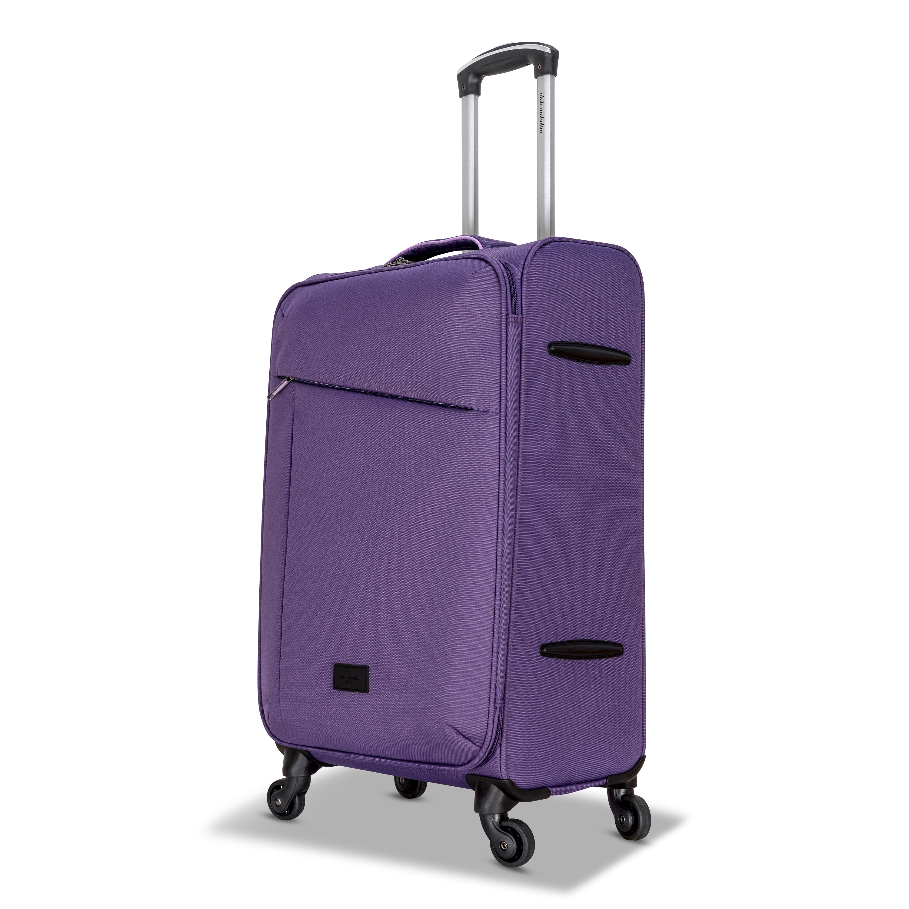 3 Piece Set Soft Side Luggage featuring contrast handles in three stylish colors, showcasing spinner wheels and organizational pockets.