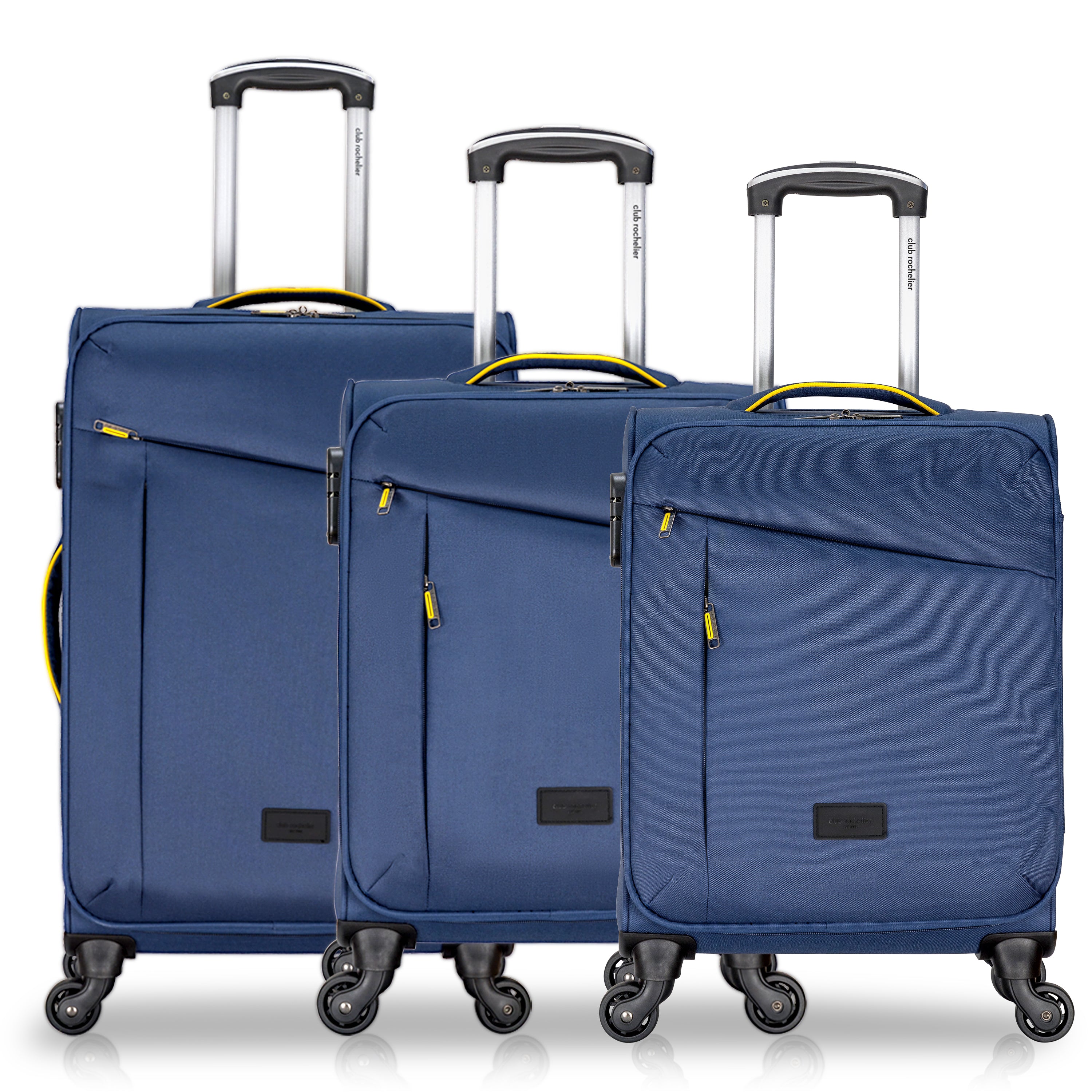 3 Piece Set Soft Side Luggage featuring contrast handles in three stylish colors, showcasing spinner wheels and organizational pockets.