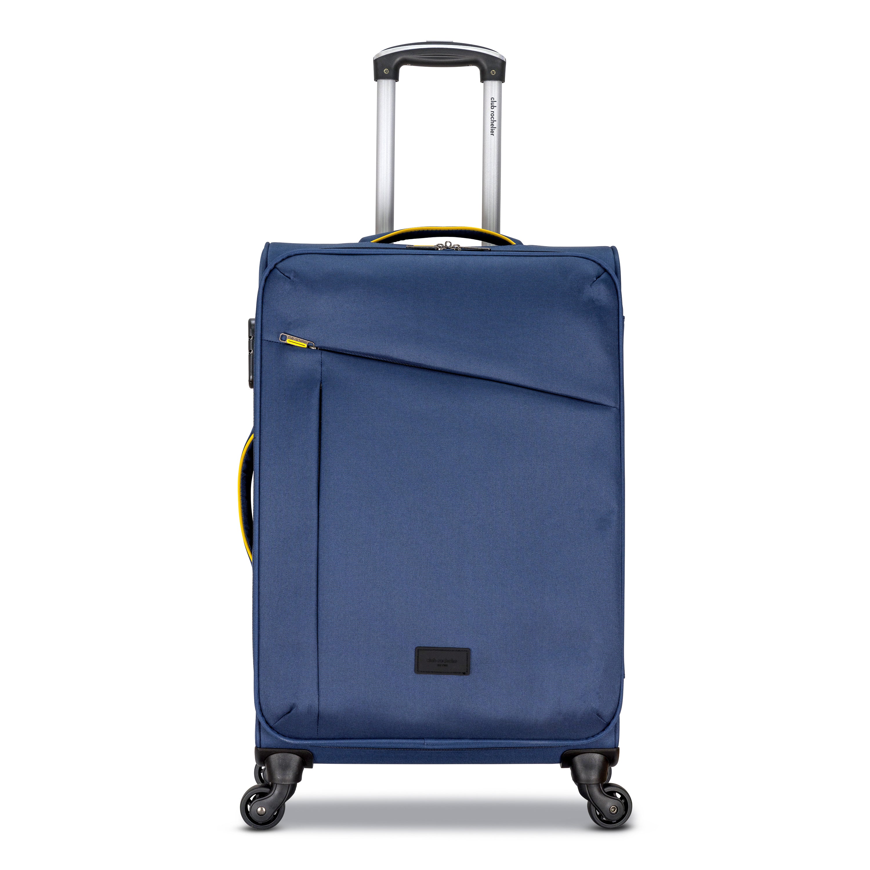 3 Piece Set Soft Side Luggage featuring contrast handles in three stylish colors, showcasing spinner wheels and organizational pockets.