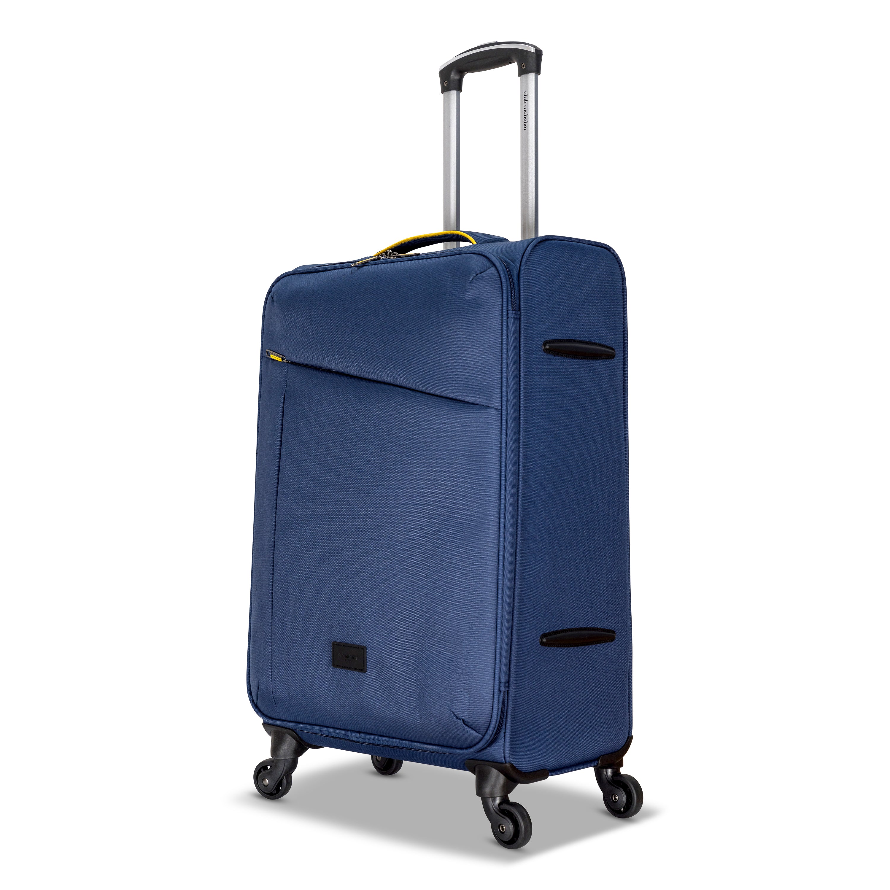 3 Piece Set Soft Side Luggage featuring contrast handles in three stylish colors, showcasing spinner wheels and organizational pockets.