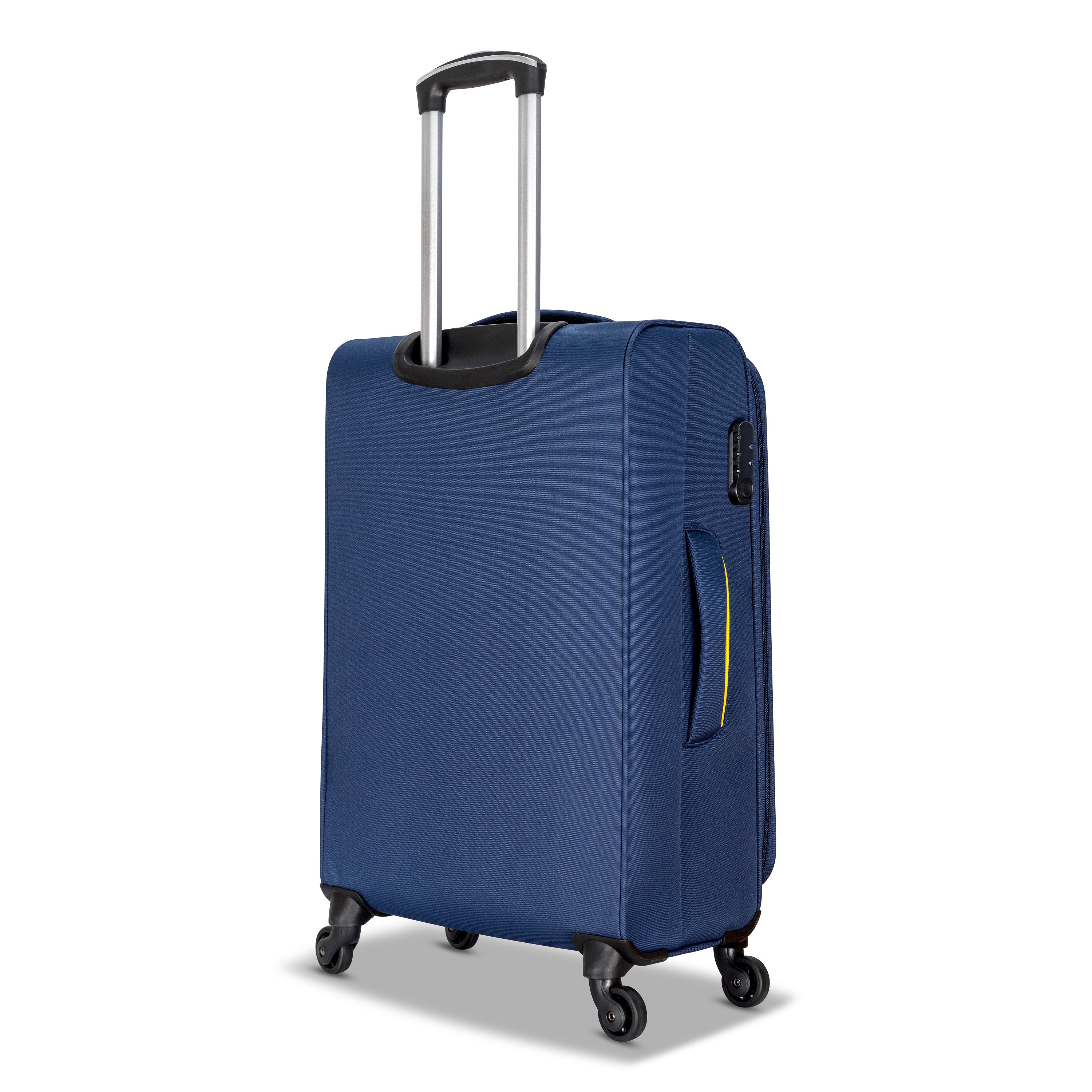 3 Piece Set Soft Side Luggage featuring contrast handles in three stylish colors, showcasing spinner wheels and organizational pockets.