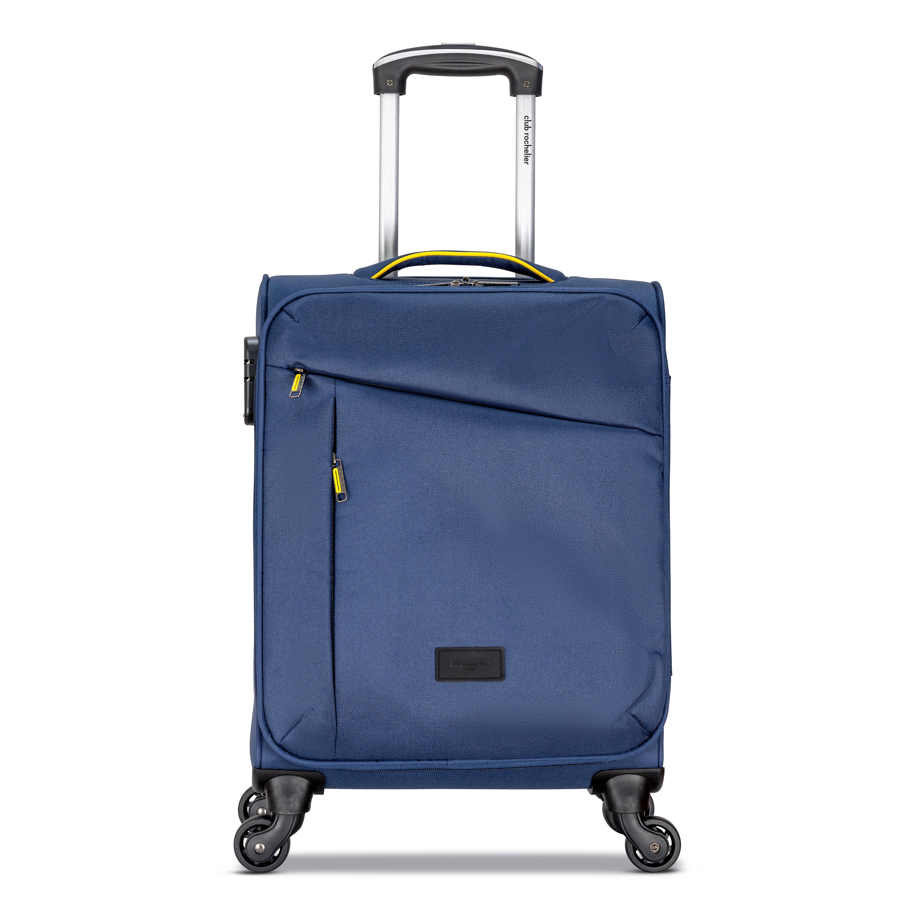 3 Piece Set Soft Side Luggage featuring contrast handles in three stylish colors, showcasing spinner wheels and organizational pockets.