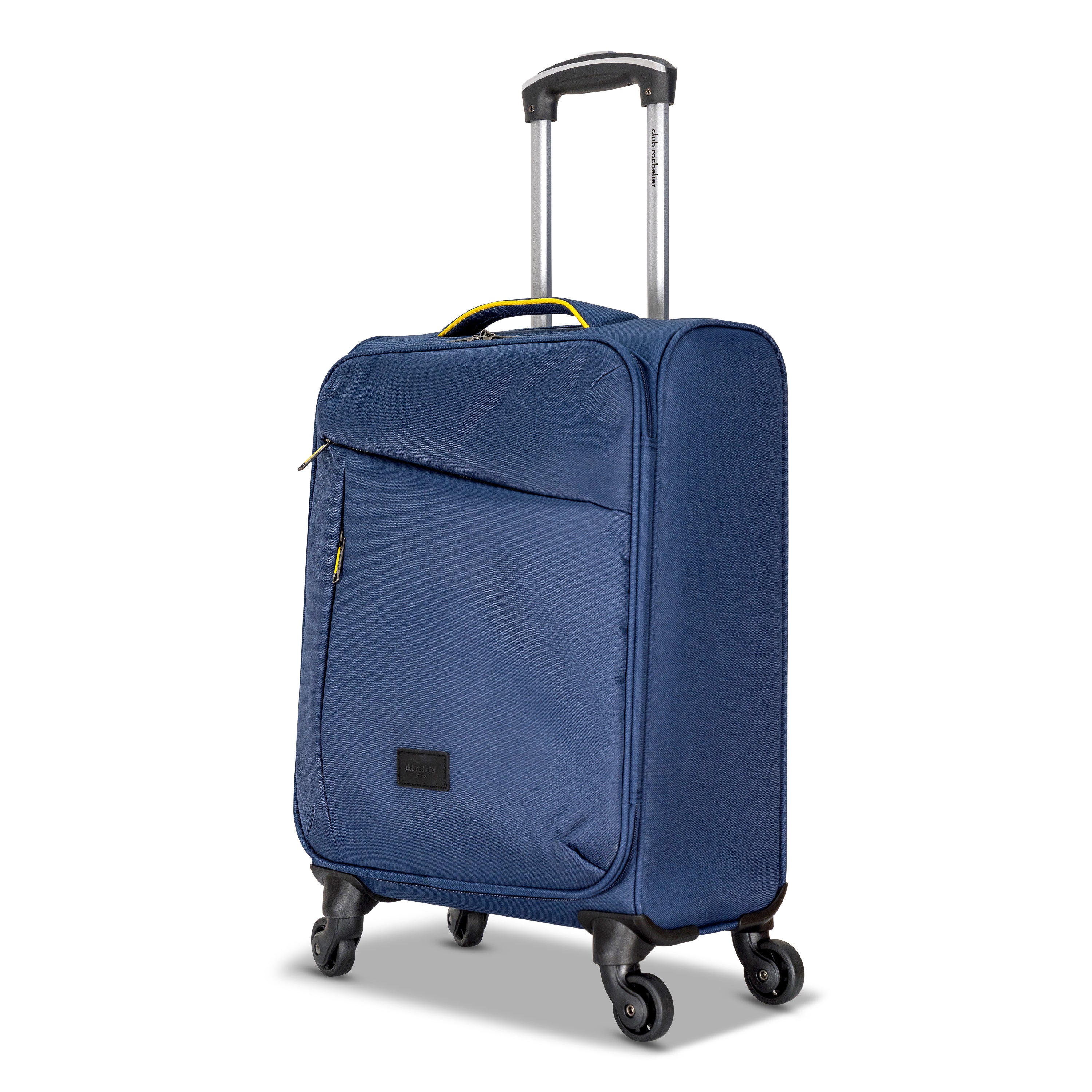 3 Piece Set Soft Side Luggage featuring contrast handles in three stylish colors, showcasing spinner wheels and organizational pockets.