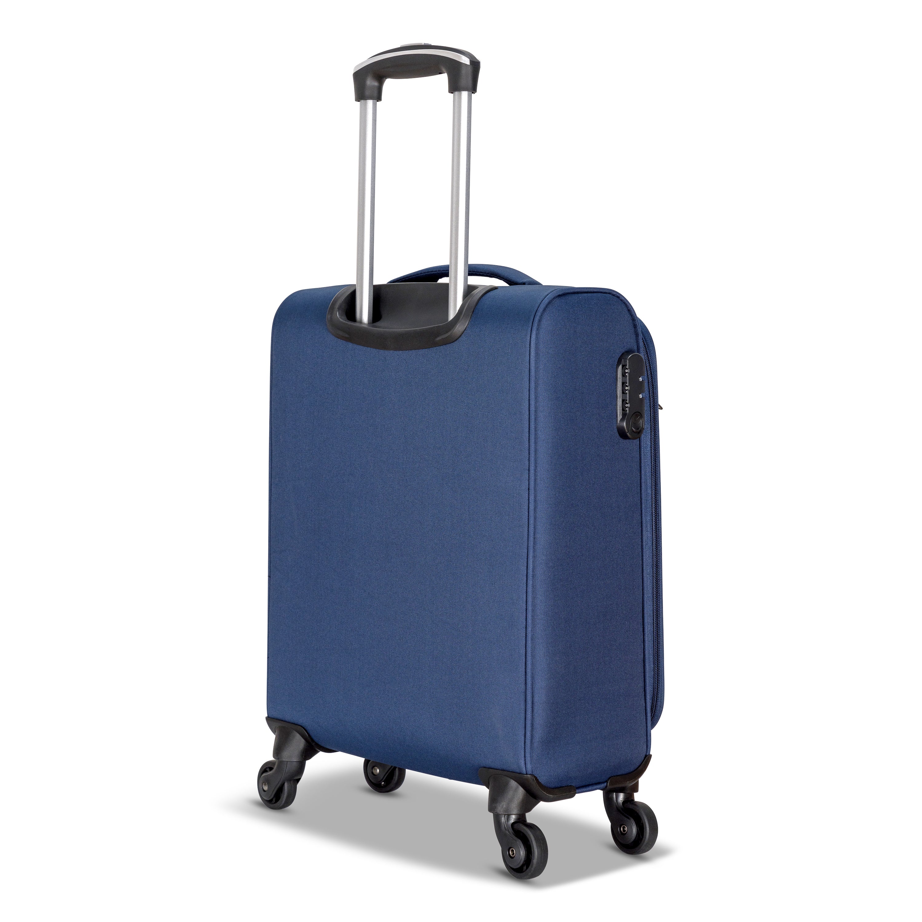 3 Piece Set Soft Side Luggage featuring contrast handles in three stylish colors, showcasing spinner wheels and organizational pockets.