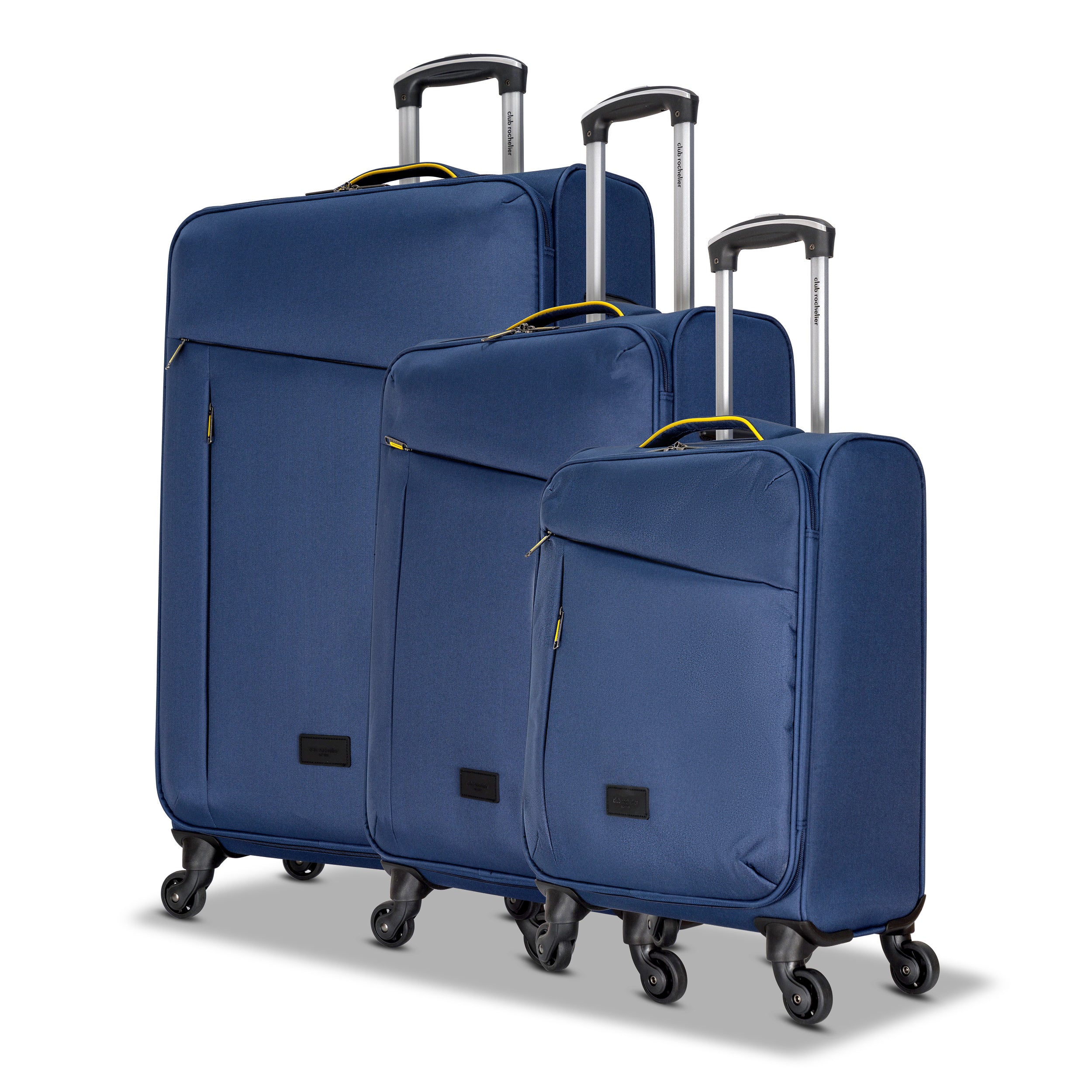 3 Piece Set Soft Side Luggage featuring contrast handles in three stylish colors, showcasing spinner wheels and organizational pockets.