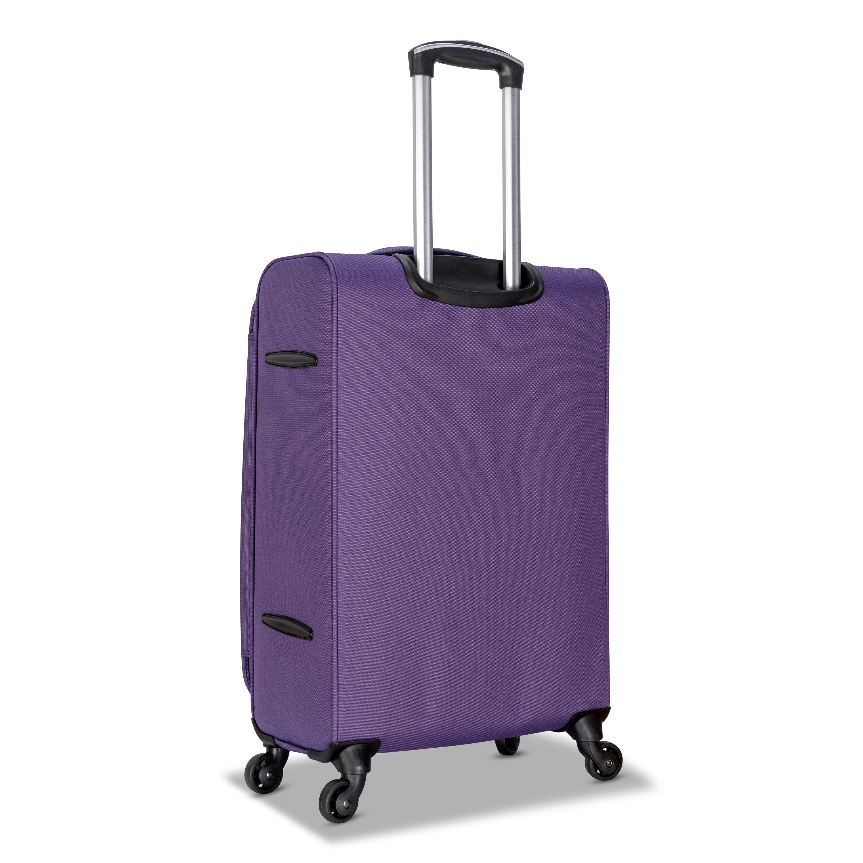 3 Piece Set Soft Side Luggage featuring contrast handles in three stylish colors, showcasing spinner wheels and organizational pockets.