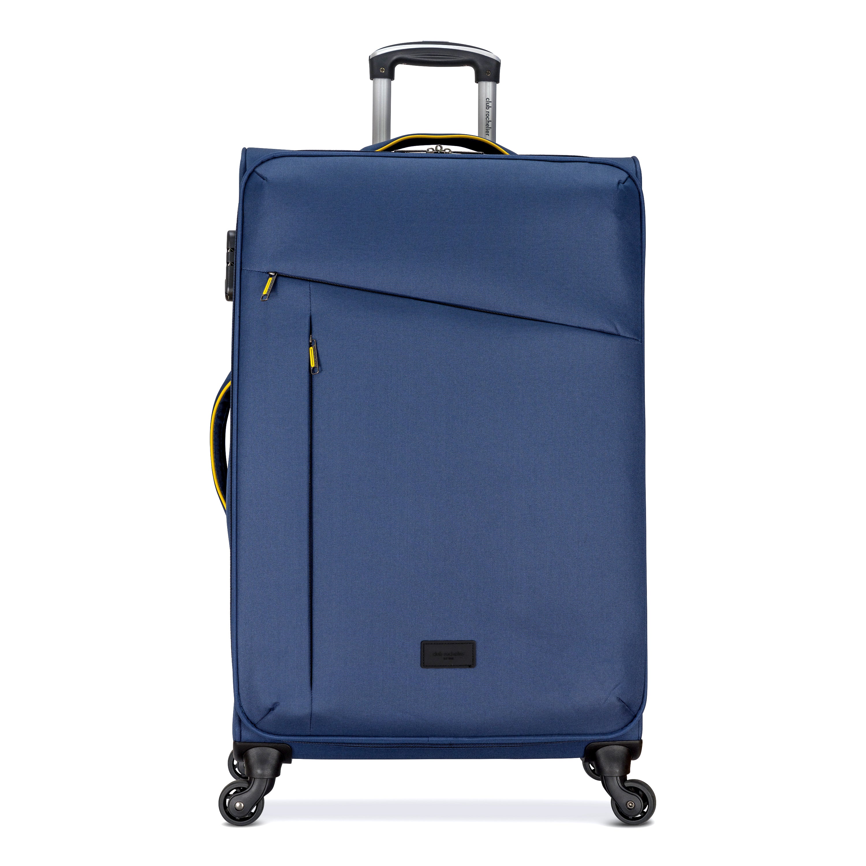 3 Piece Set Soft Side Luggage featuring contrast handles in three stylish colors, showcasing spinner wheels and organizational pockets.