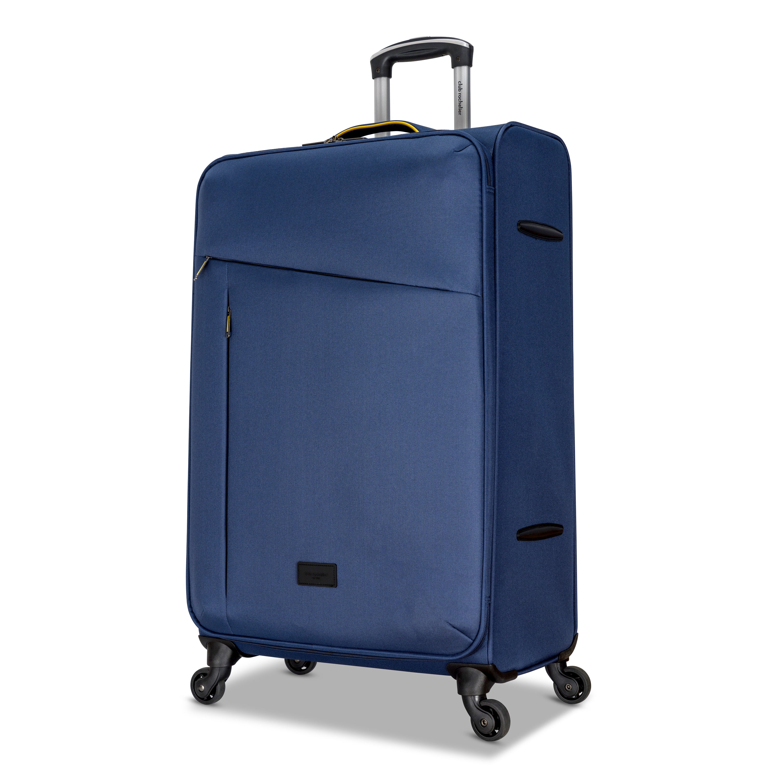 3 Piece Set Soft Side Luggage featuring contrast handles in three stylish colors, showcasing spinner wheels and organizational pockets.