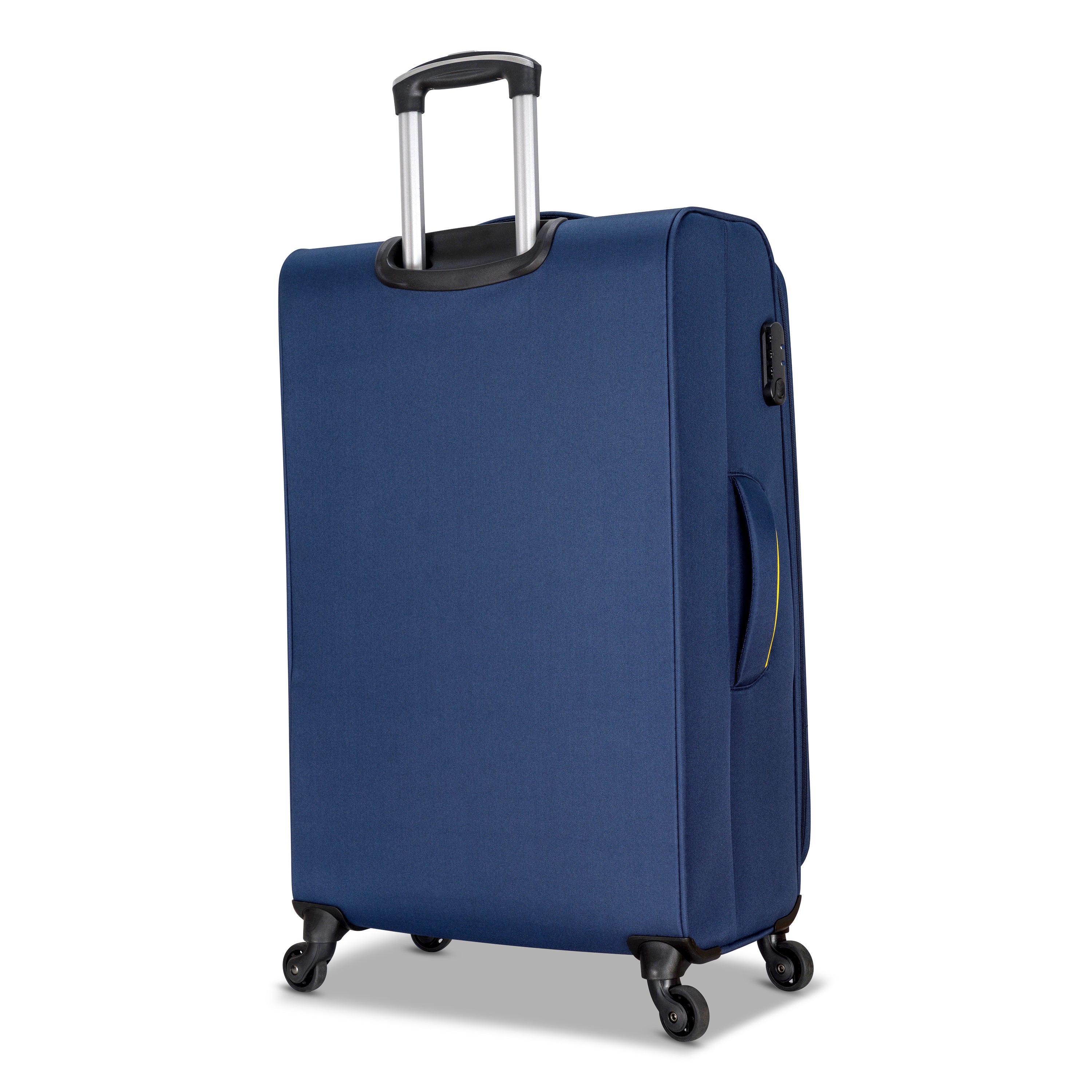 3 Piece Set Soft Side Luggage featuring contrast handles in three stylish colors, showcasing spinner wheels and organizational pockets.