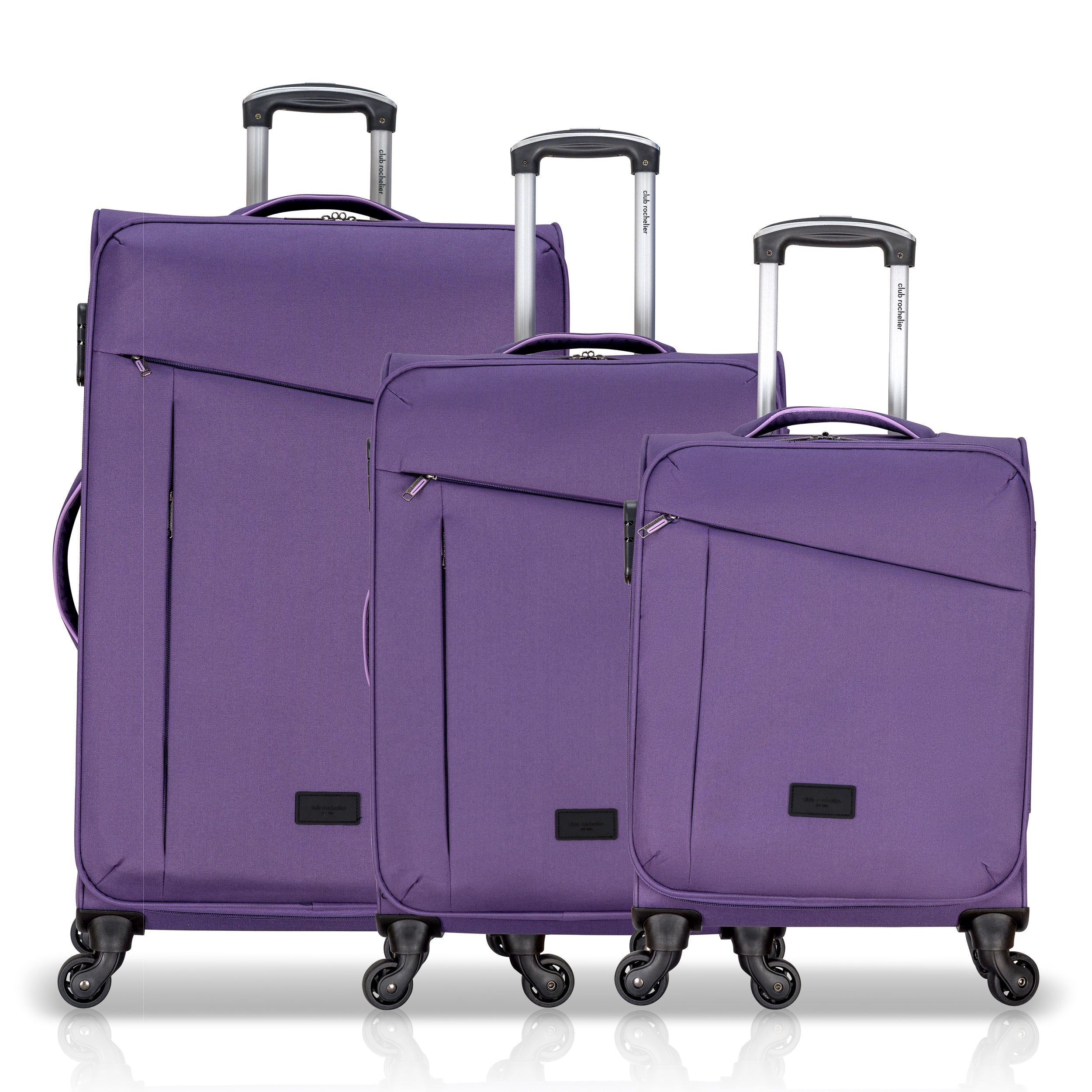 3 Piece Set Soft Side Luggage featuring contrast handles in three stylish colors, showcasing spinner wheels and organizational pockets.