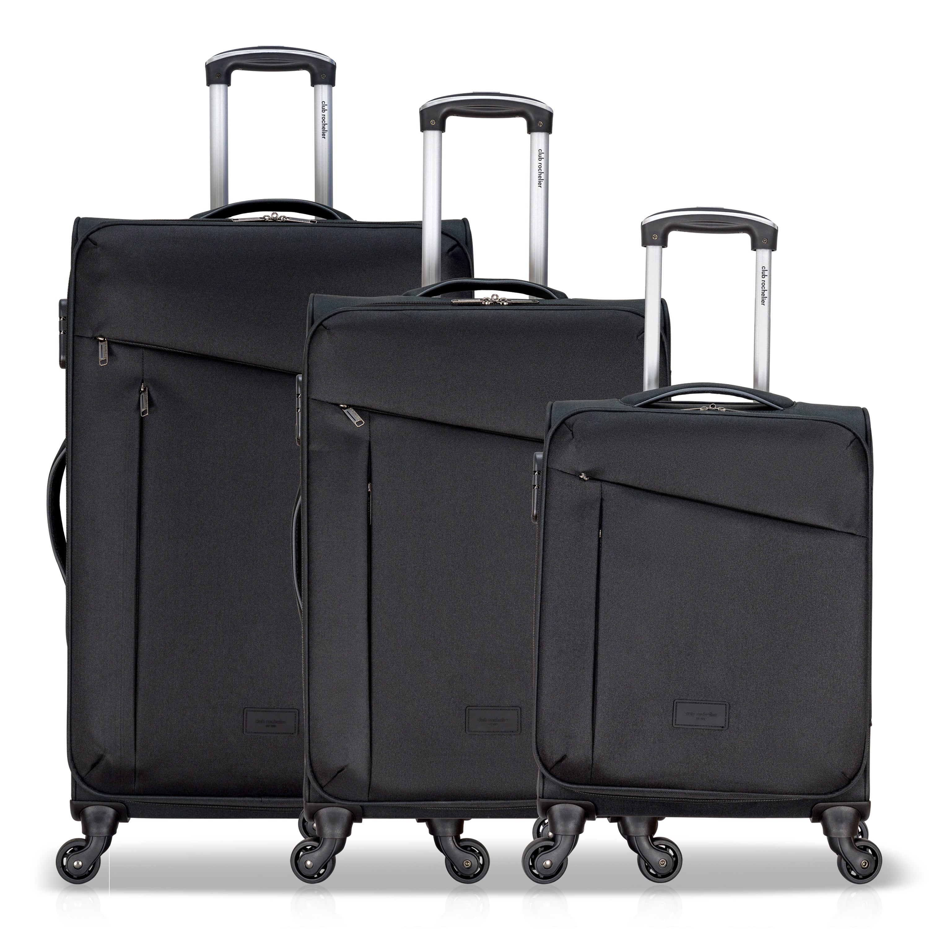 3 Piece Set Soft Side Luggage featuring contrast handles in three stylish colors, showcasing spinner wheels and organizational pockets.