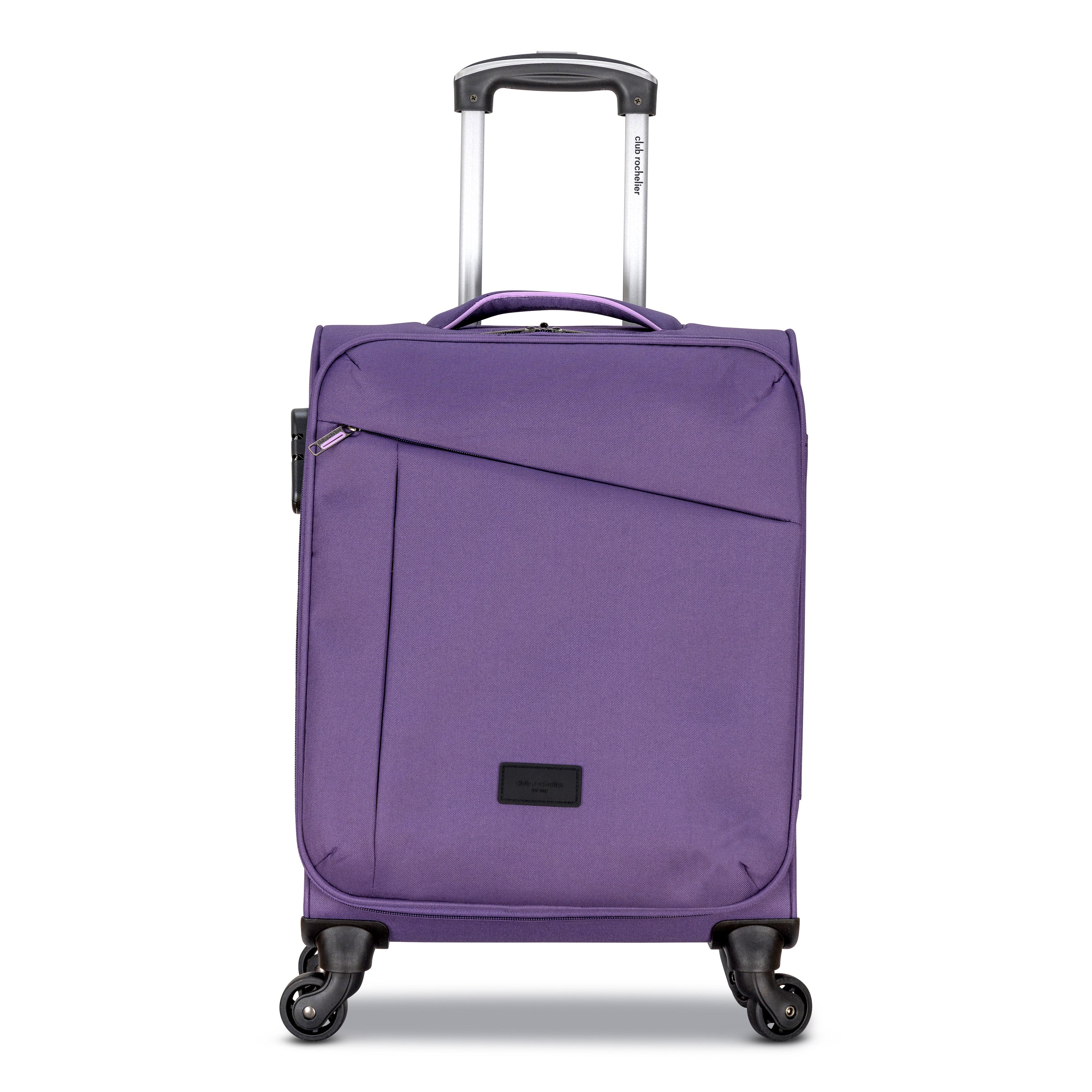 3 Piece Set Soft Side Luggage featuring contrast handles in three stylish colors, showcasing spinner wheels and organizational pockets.