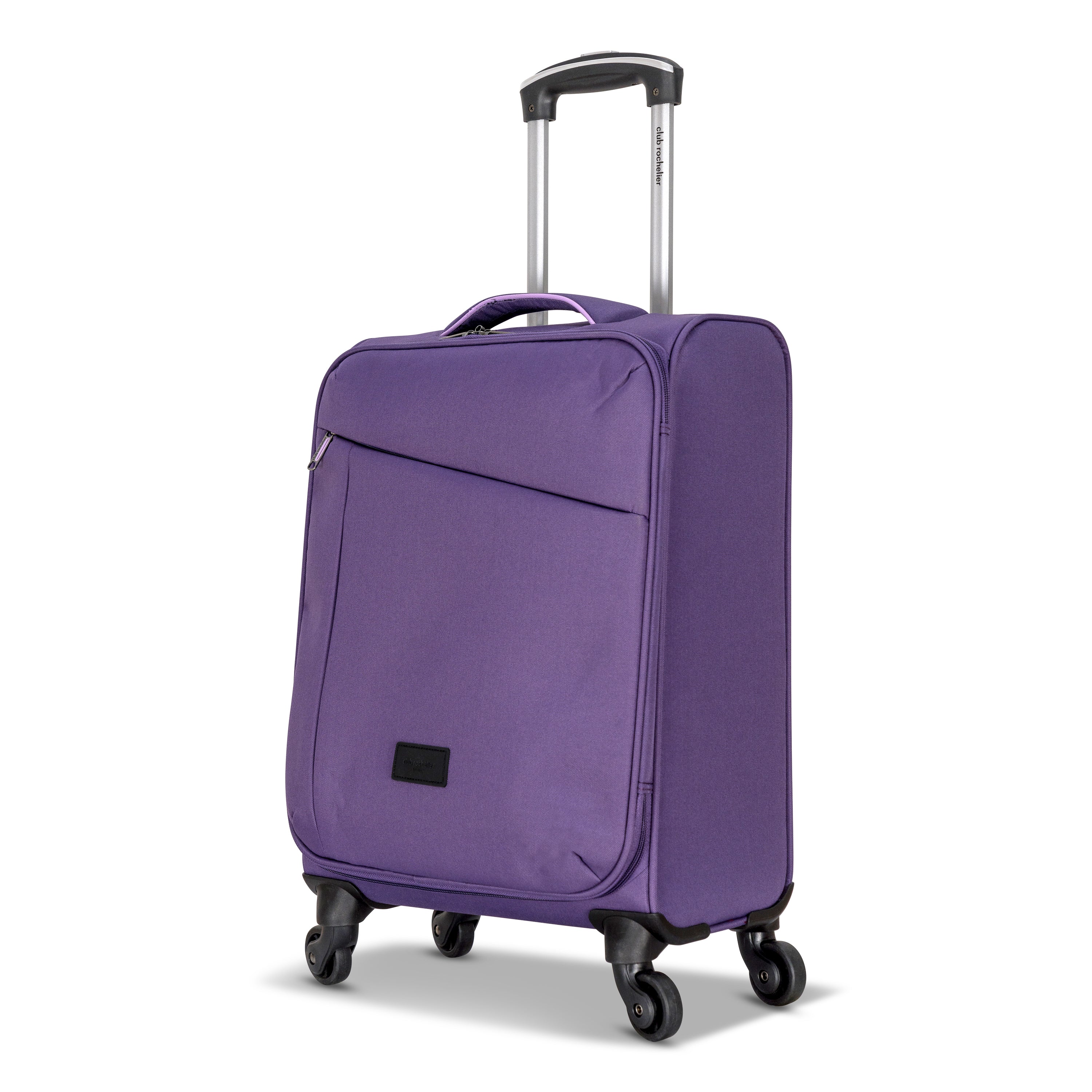 3 Piece Set Soft Side Luggage featuring contrast handles in three stylish colors, showcasing spinner wheels and organizational pockets.