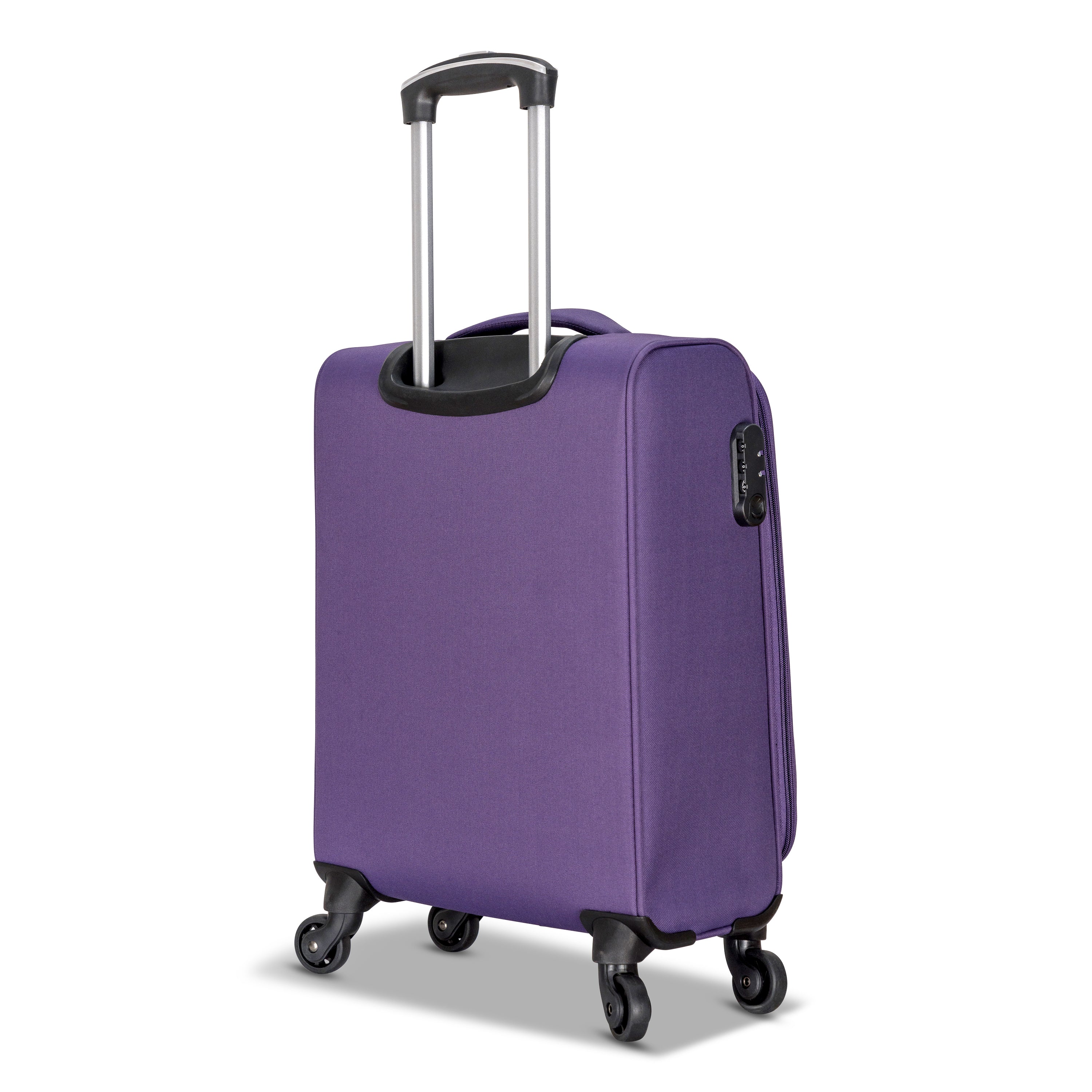 3 Piece Set Soft Side Luggage featuring contrast handles in three stylish colors, showcasing spinner wheels and organizational pockets.