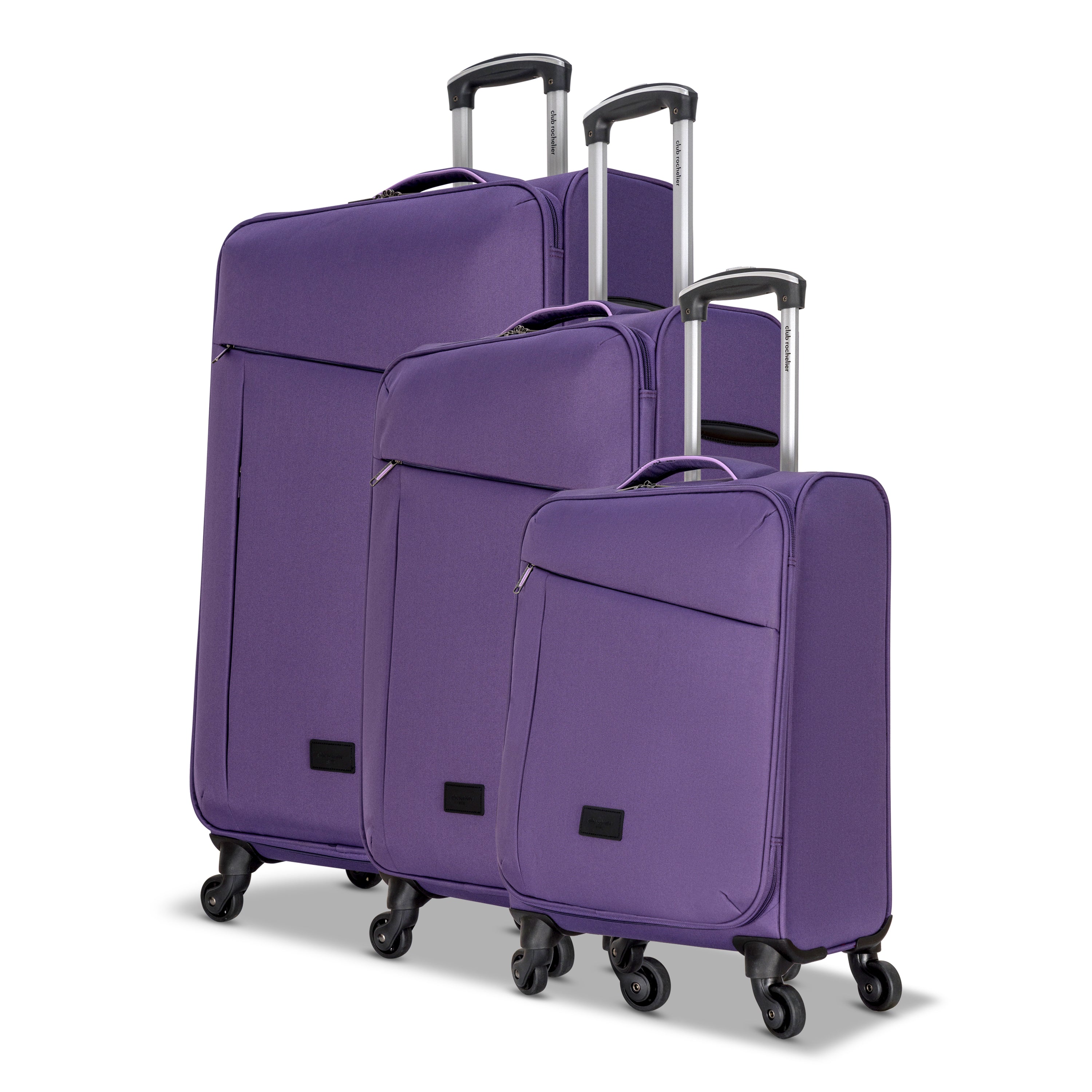 3 Piece Set Soft Side Luggage featuring contrast handles in three stylish colors, showcasing spinner wheels and organizational pockets.