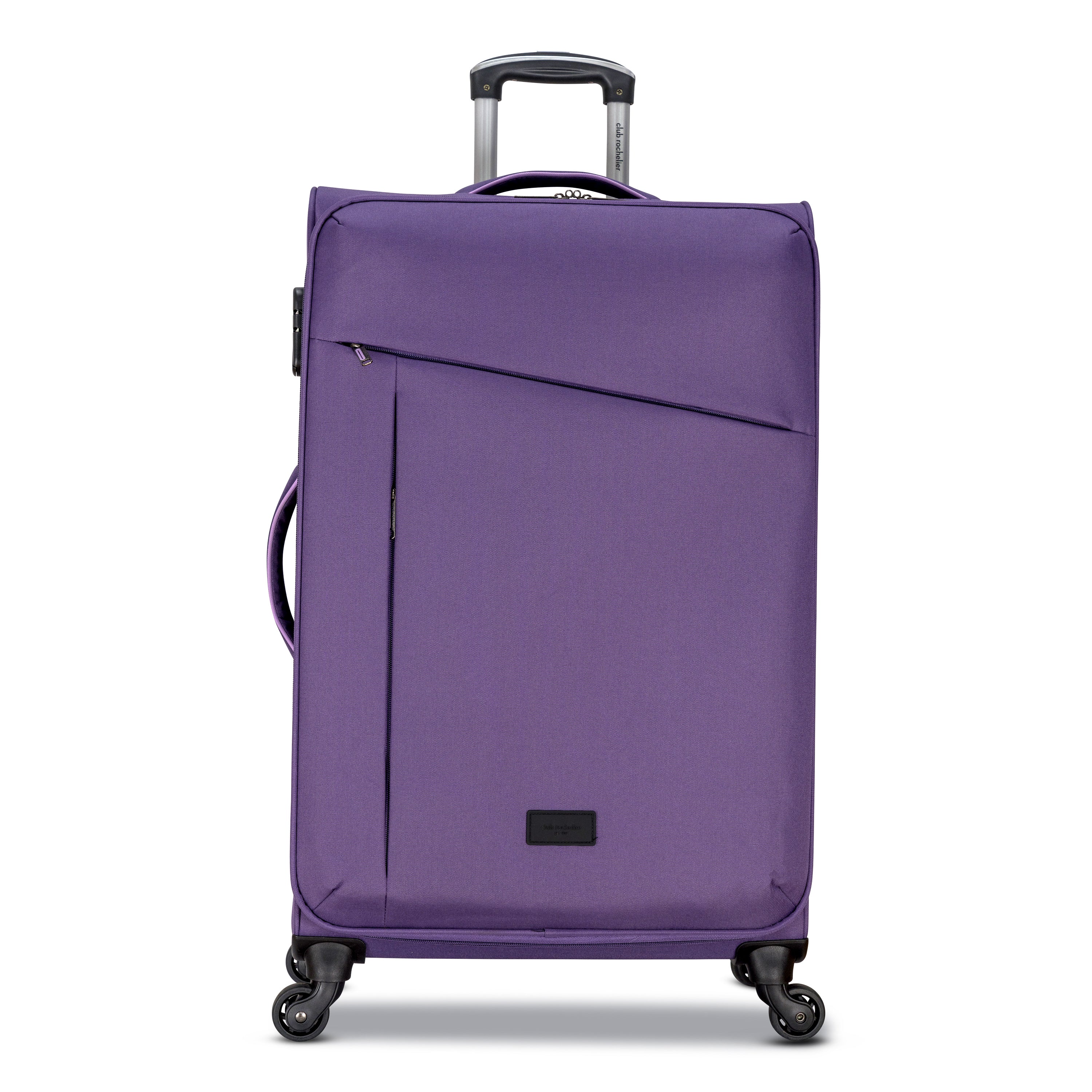 3 Piece Set Soft Side Luggage featuring contrast handles in three stylish colors, showcasing spinner wheels and organizational pockets.