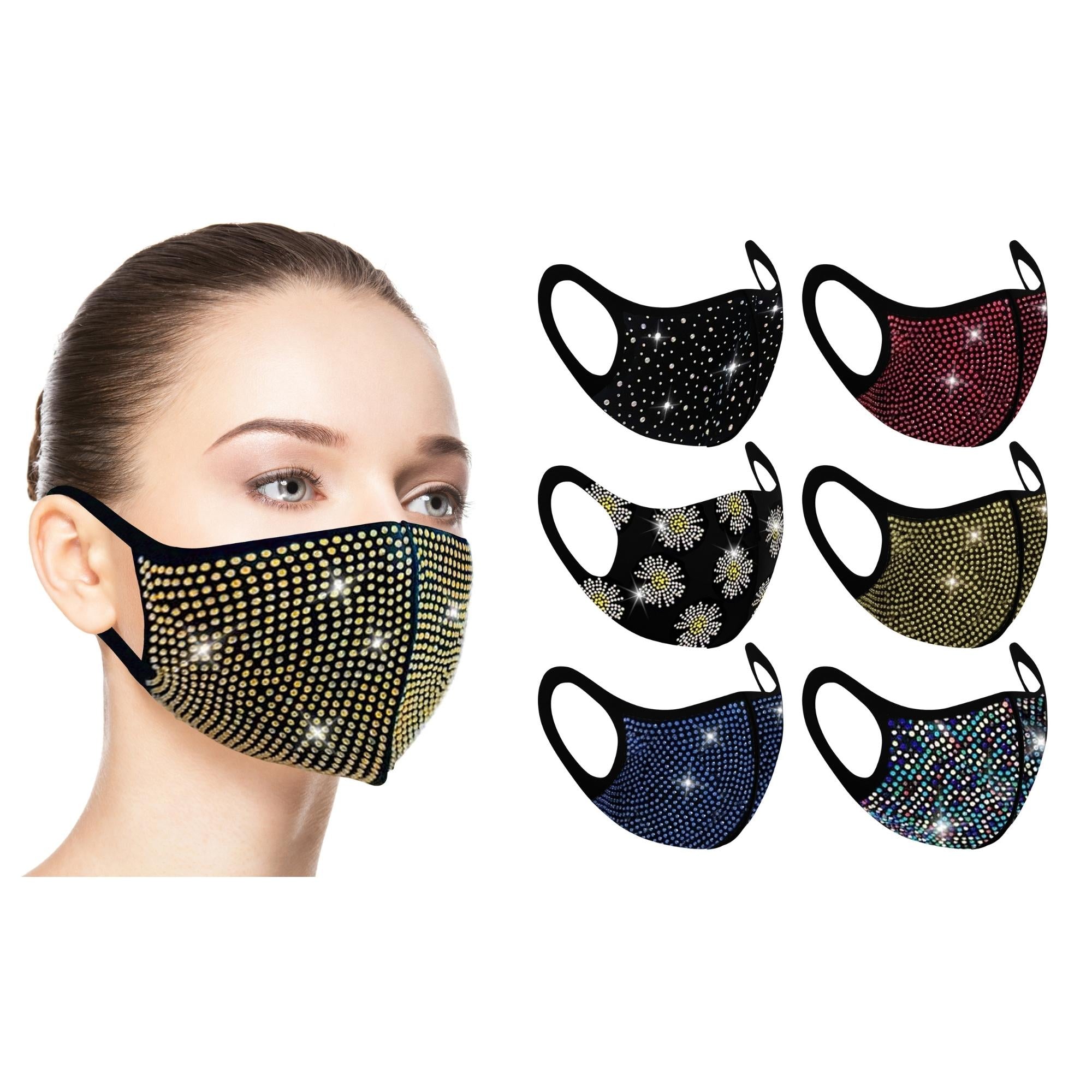 A colorful assortment of 6 star-studded bling fashion face masks made from poly spandex fabric with rhinestones, showcasing their stylish design.