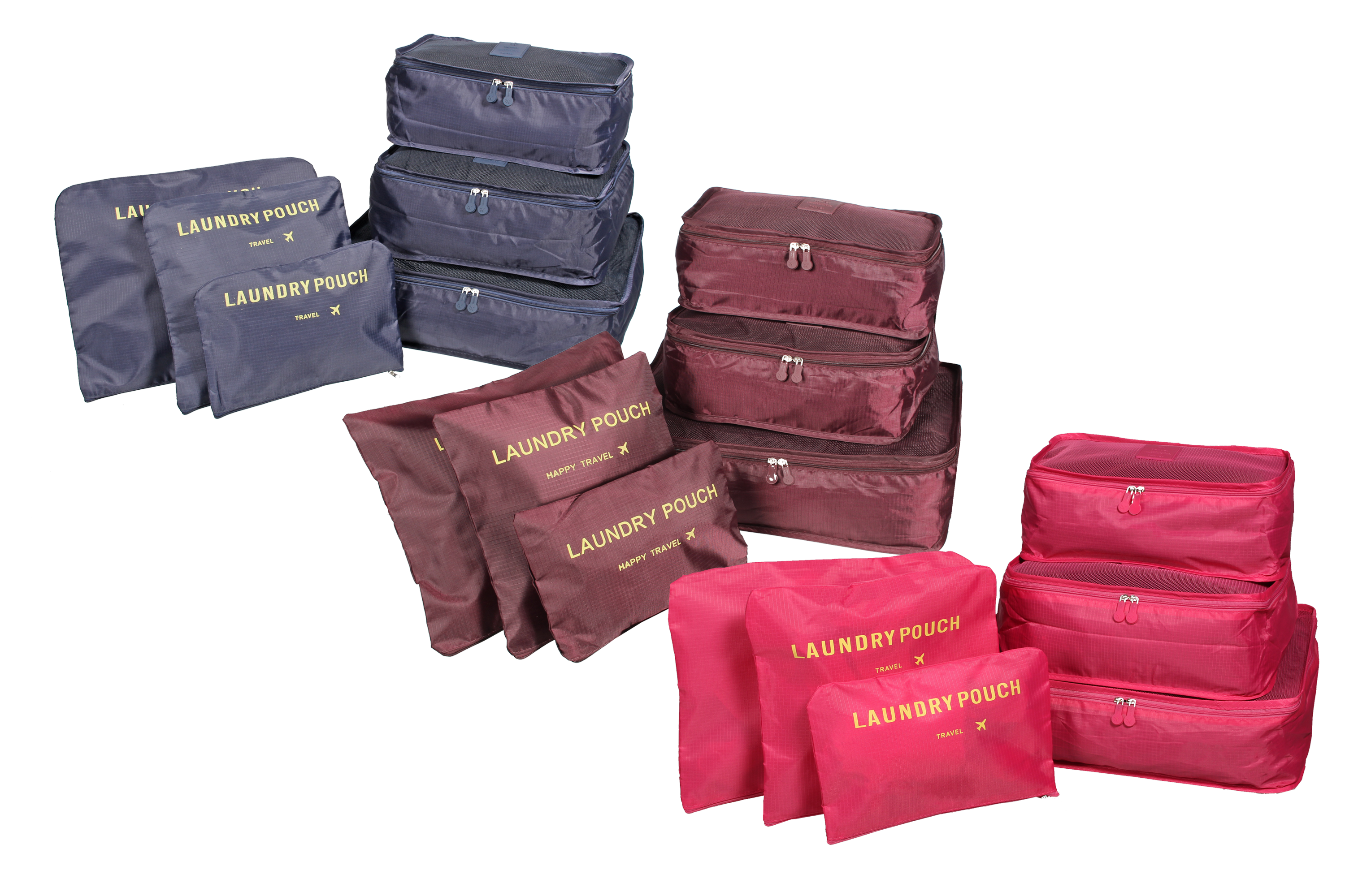 6 Piece Set Luggage Organizer in various sizes, made from durable ripstop fabric with mesh panels for visibility.