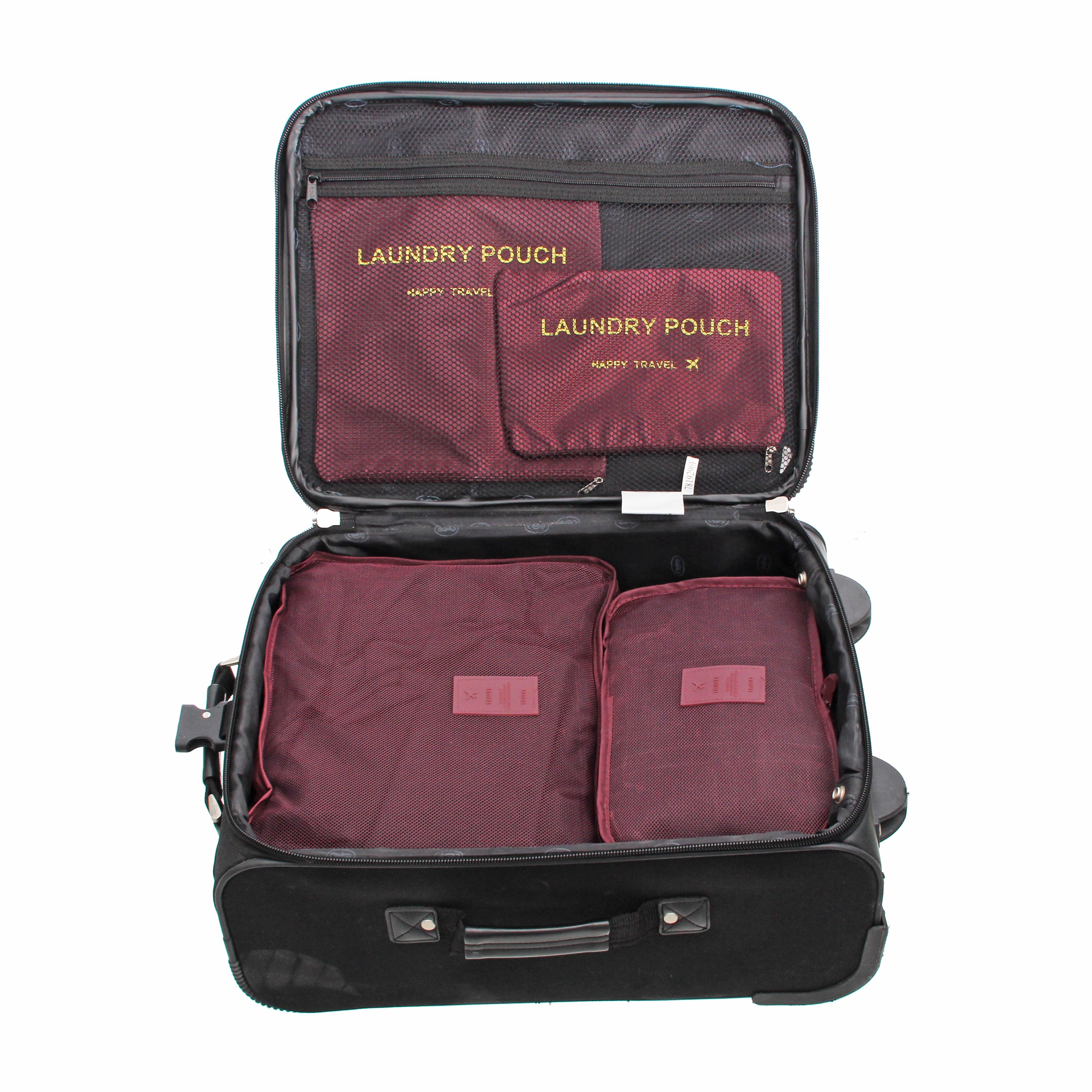 6 Piece Set Luggage Organizer in various sizes, made from durable ripstop fabric with mesh panels for visibility.