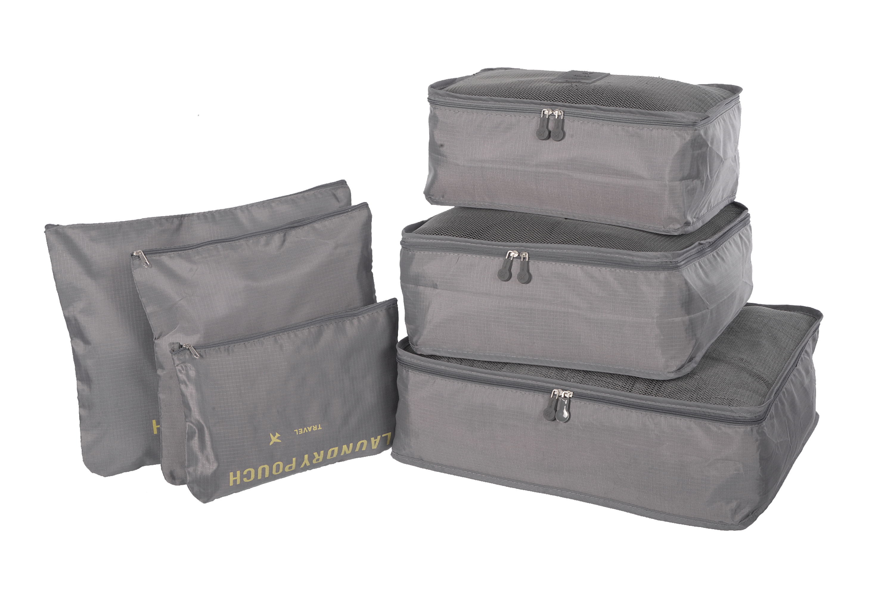 6 Piece Set Luggage Organizer in various sizes, made from durable ripstop fabric with mesh panels for visibility.