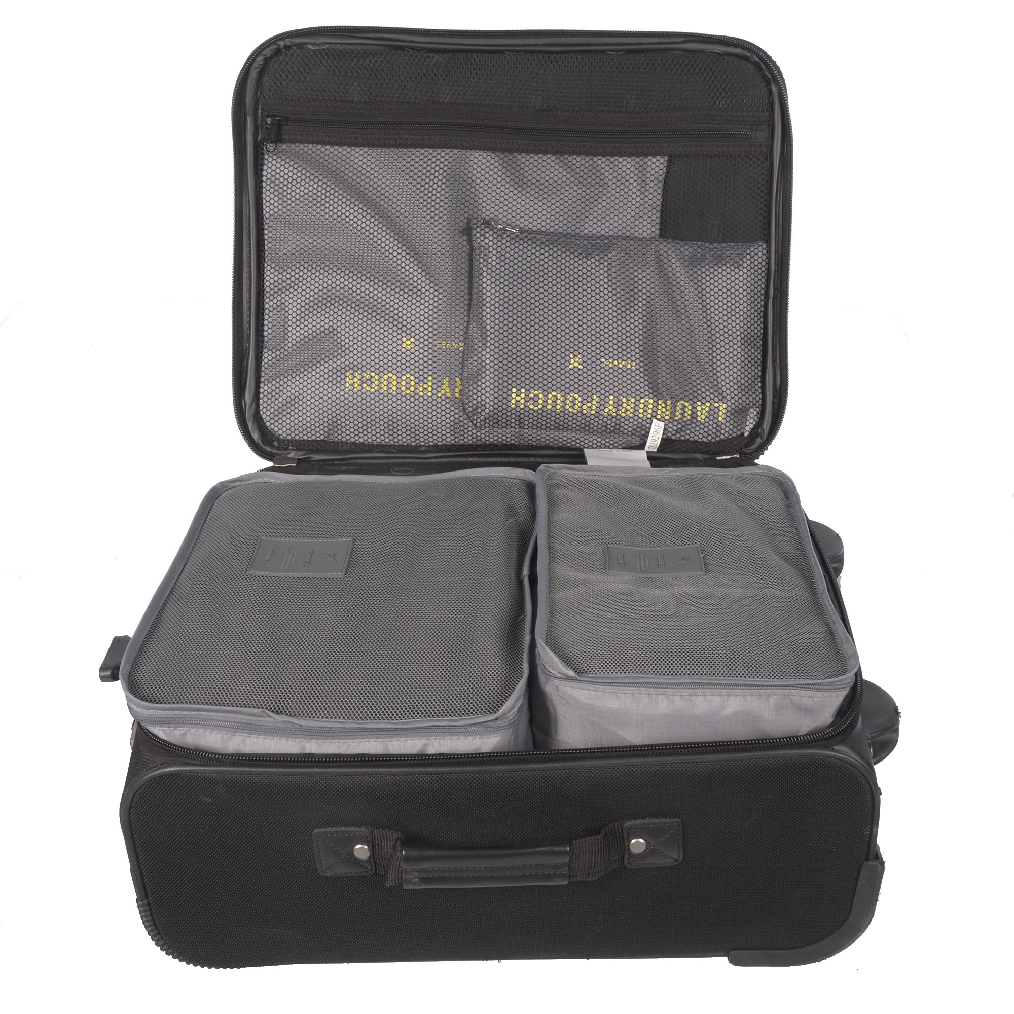 6 Piece Set Luggage Organizer in various sizes, made from durable ripstop fabric with mesh panels for visibility.