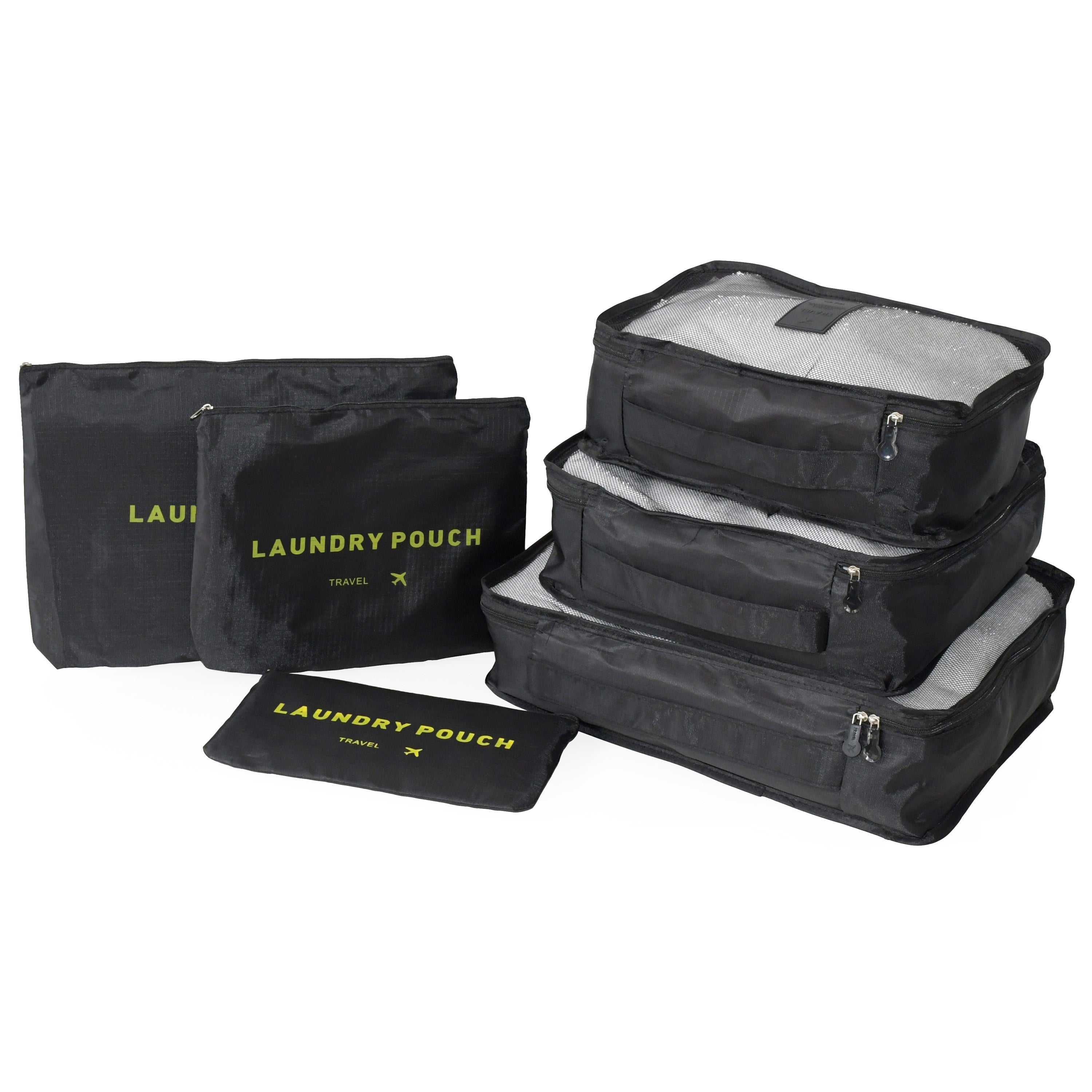 6 Piece Set Luggage Organizer in various sizes, made from durable ripstop fabric with mesh panels for visibility.