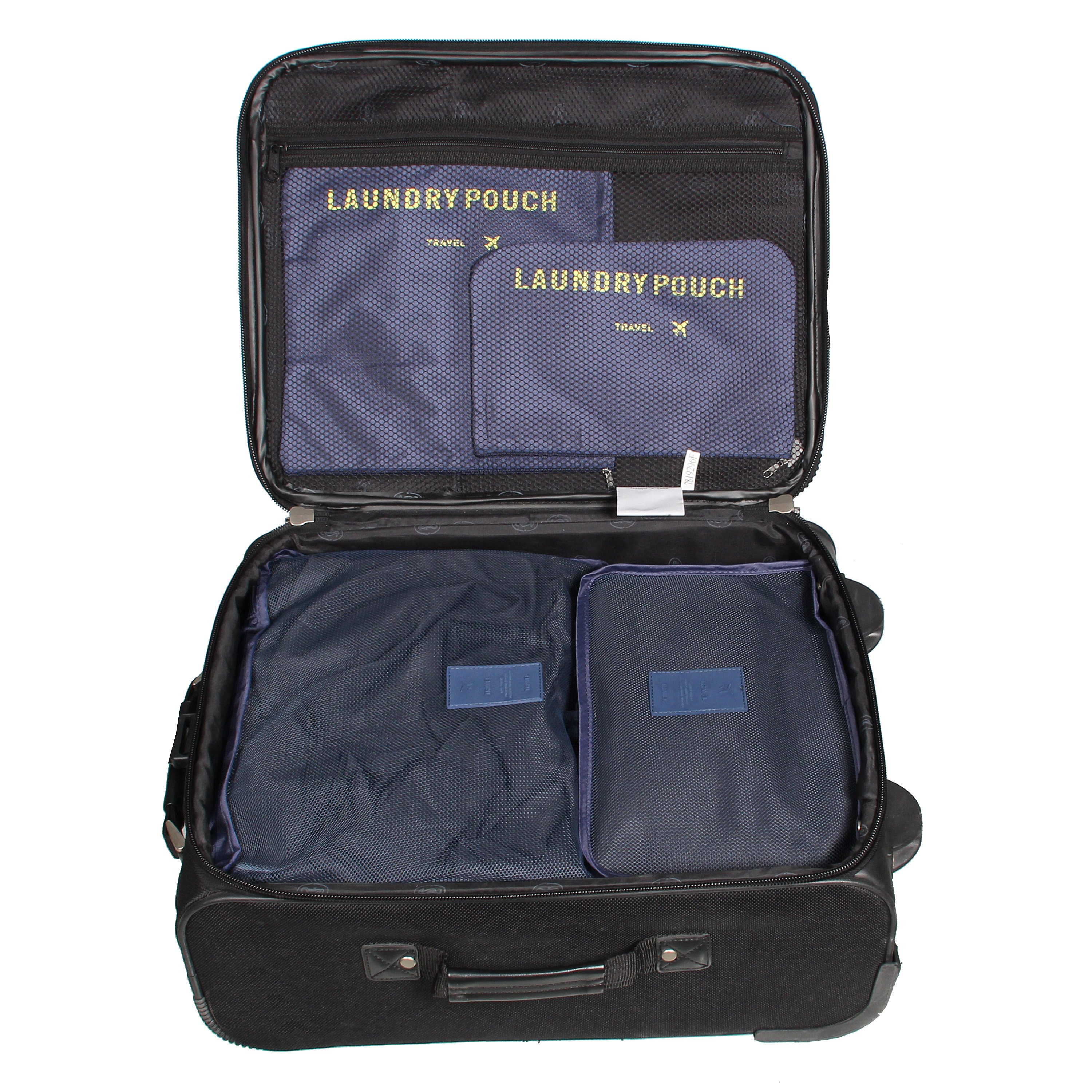 6 Piece Set Luggage Organizer in various sizes, made from durable ripstop fabric with mesh panels for visibility.