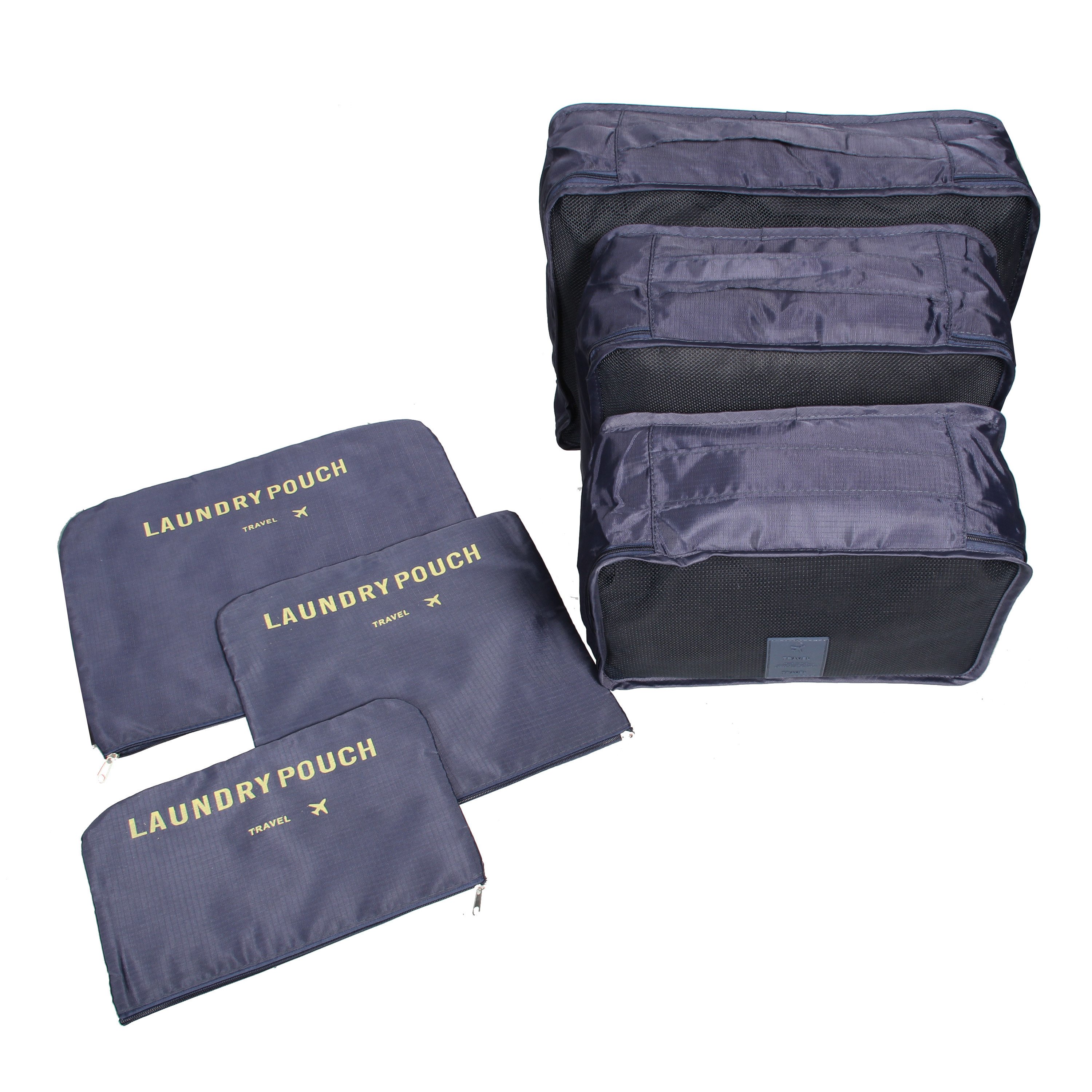 6 Piece Set Luggage Organizer in various sizes, made from durable ripstop fabric with mesh panels for visibility.