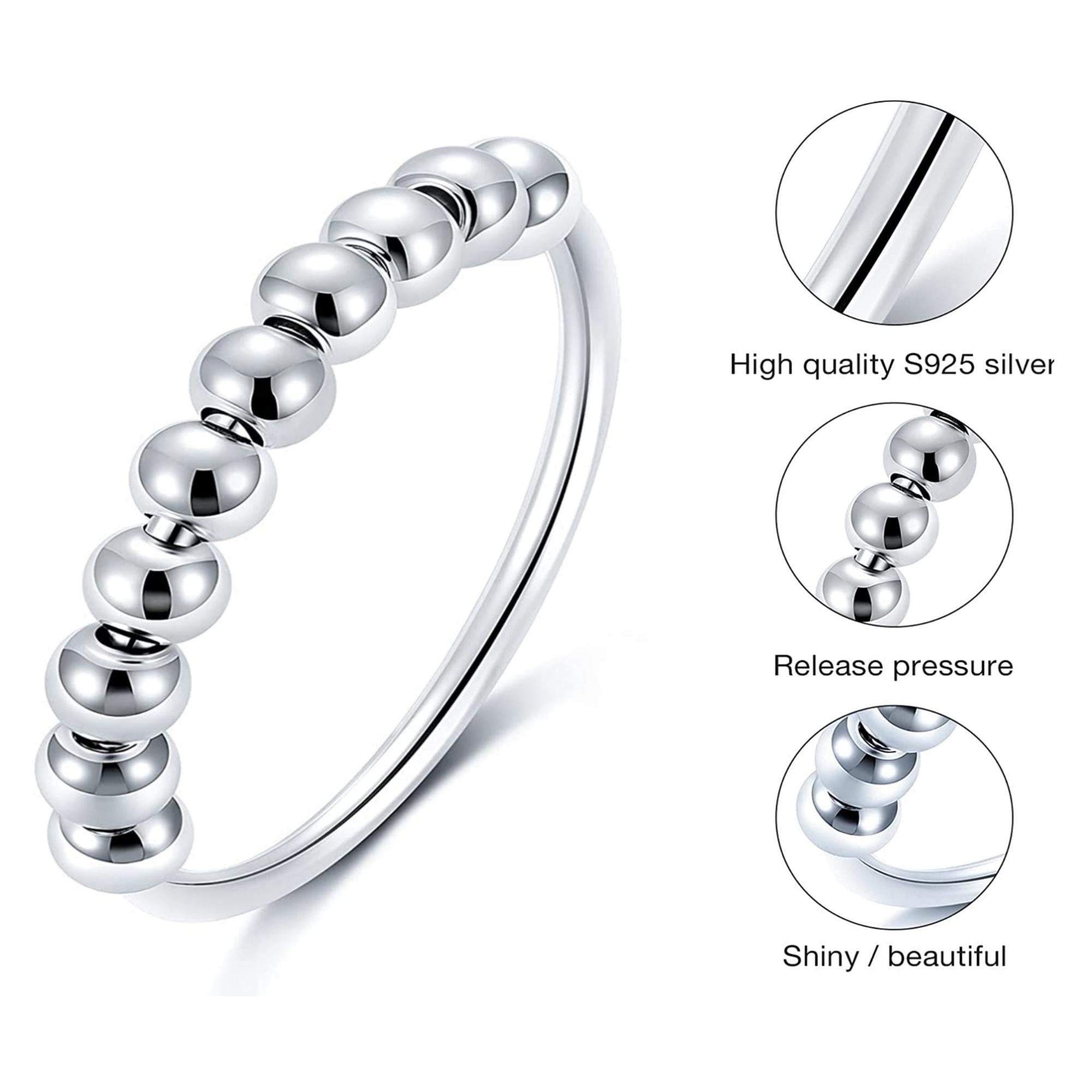 Anti-Anxiety Spinner Ring made of S925 sterling silver with ten spinning beads, designed for stress relief and stylish wear.