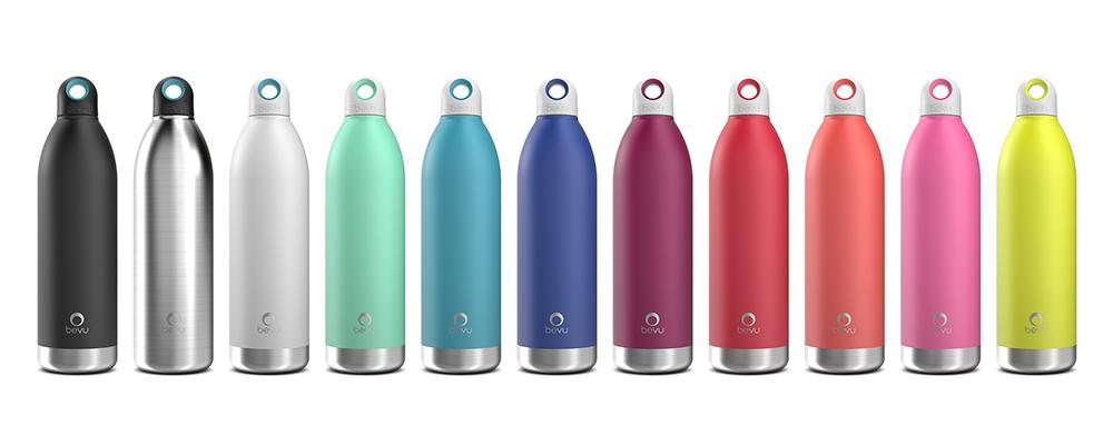 Bevu® DUO Insulated Bottle in various colors, showcasing its sleek design and double vacuum insulation features.