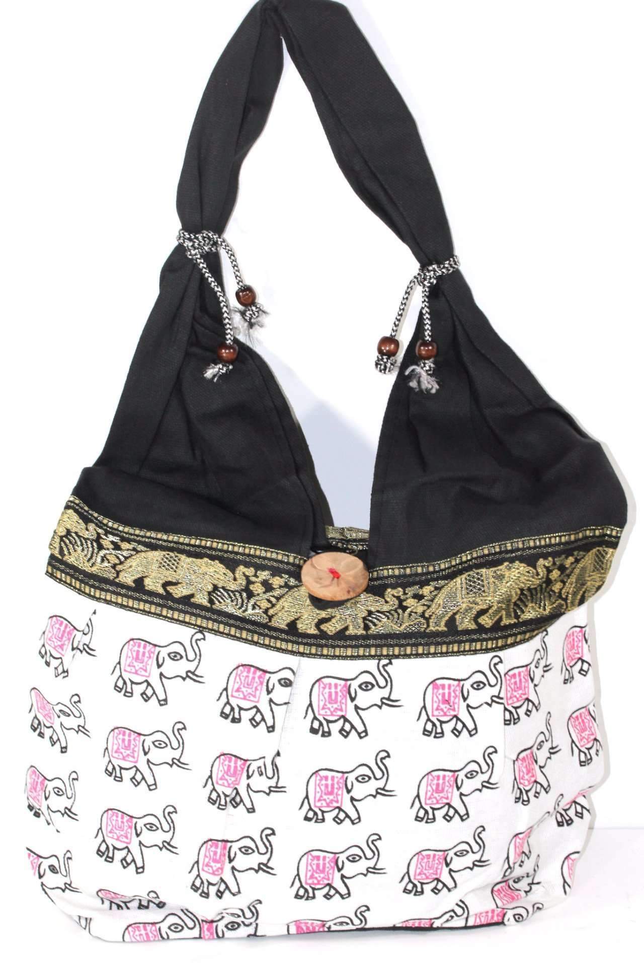 Colorful Elephant Jhola Bag made of cotton with zari jacquard fabric artwork, featuring a zip top enclosure and inner pocket.