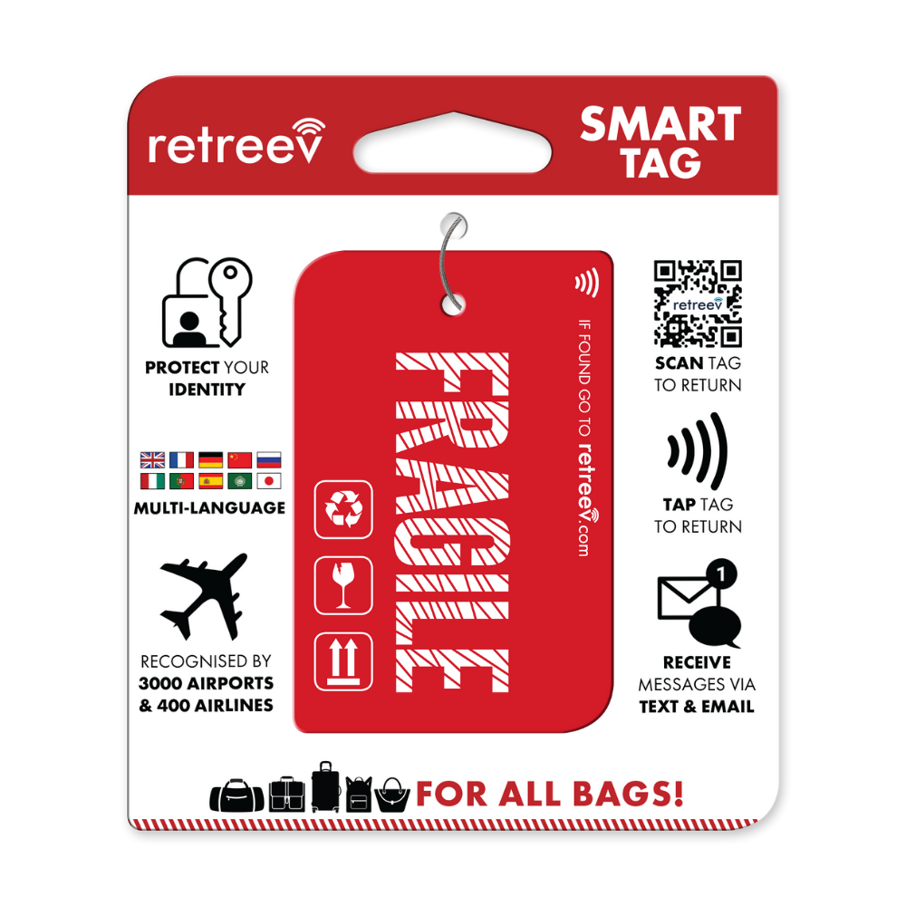 Retreev SMART Tag attached to a stylish travel bag, showcasing its durable stainless steel design.