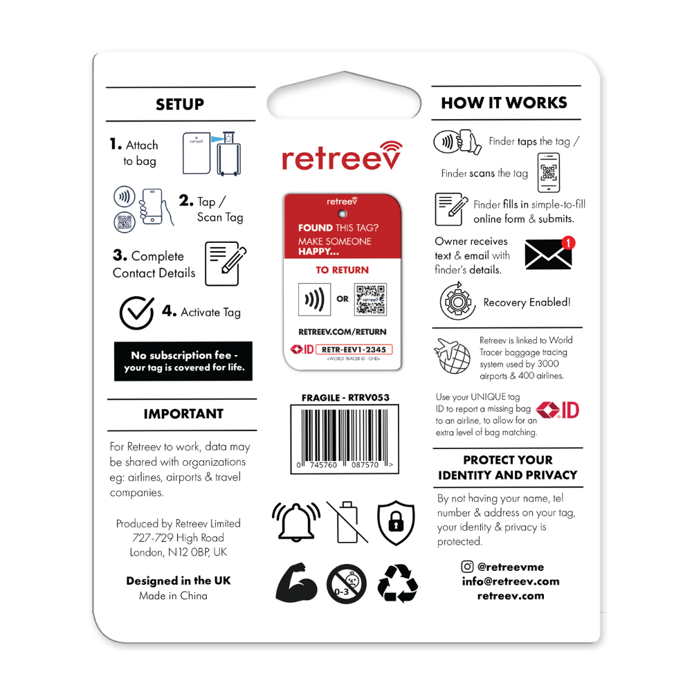 Retreev SMART Tag attached to a stylish travel bag, showcasing its durable stainless steel design.