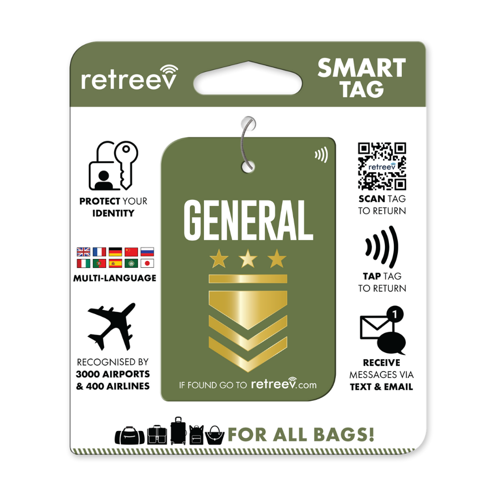 Retreev SMART Tag attached to a stylish travel bag, showcasing its durable stainless steel design.